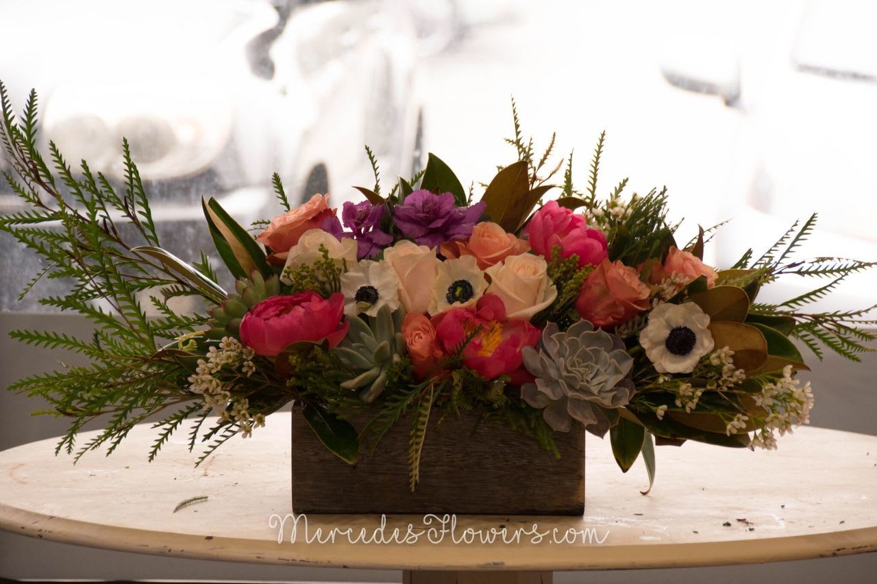 Garden Box.  - This beautiful box so much fun to make. We put together the most exquisite flowers just for you.  I do have to say no two look identical and we will use substitutions as needed, but we never loose this stunning look.  When you order online you will receive several emails until order has been completed and delivered by the designer who put it together.  We are more than just flowers; we are an experience you will love.    We've combined flowers like peonies, ranunculus, anemones, kale and succulents to make he perfect piece.  
