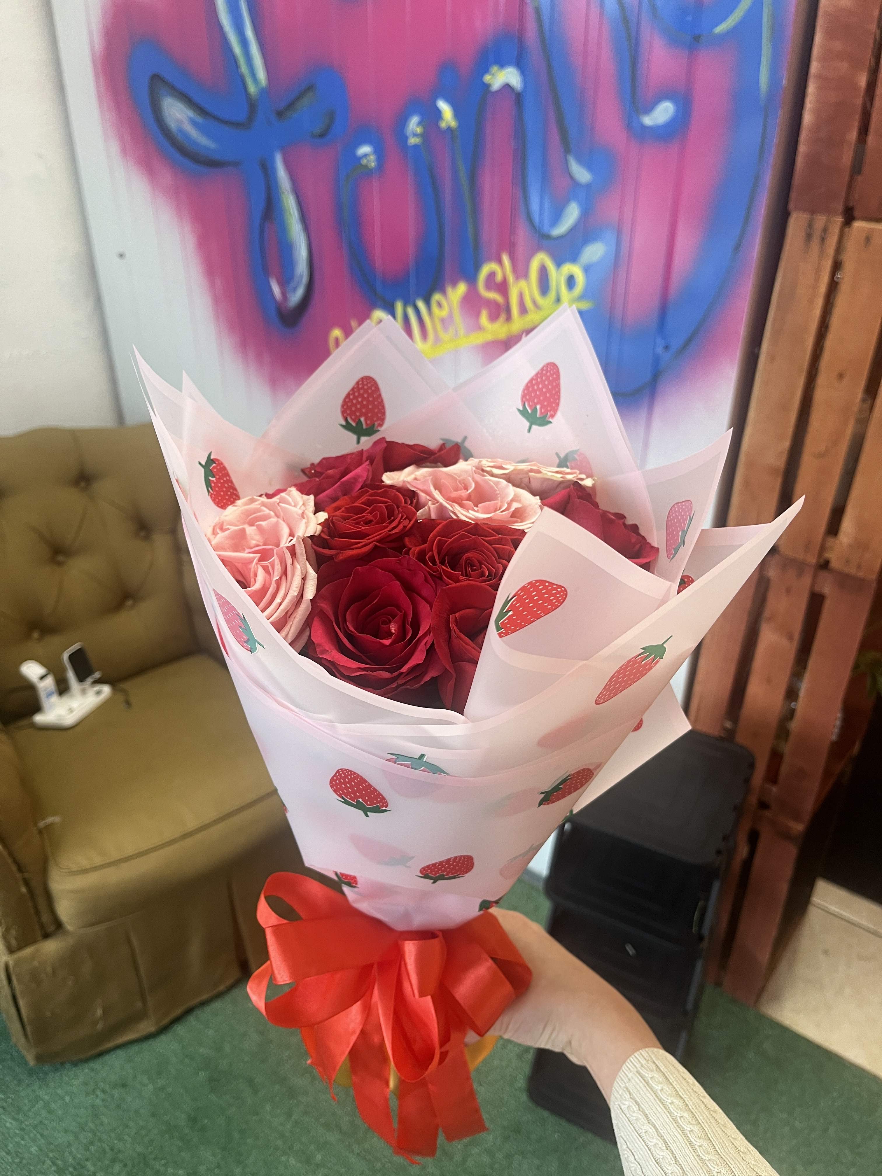 fresita mini - 1 dozen rose bouquet, red and pink, using strawberry paper, cute bouquet for a young lady.