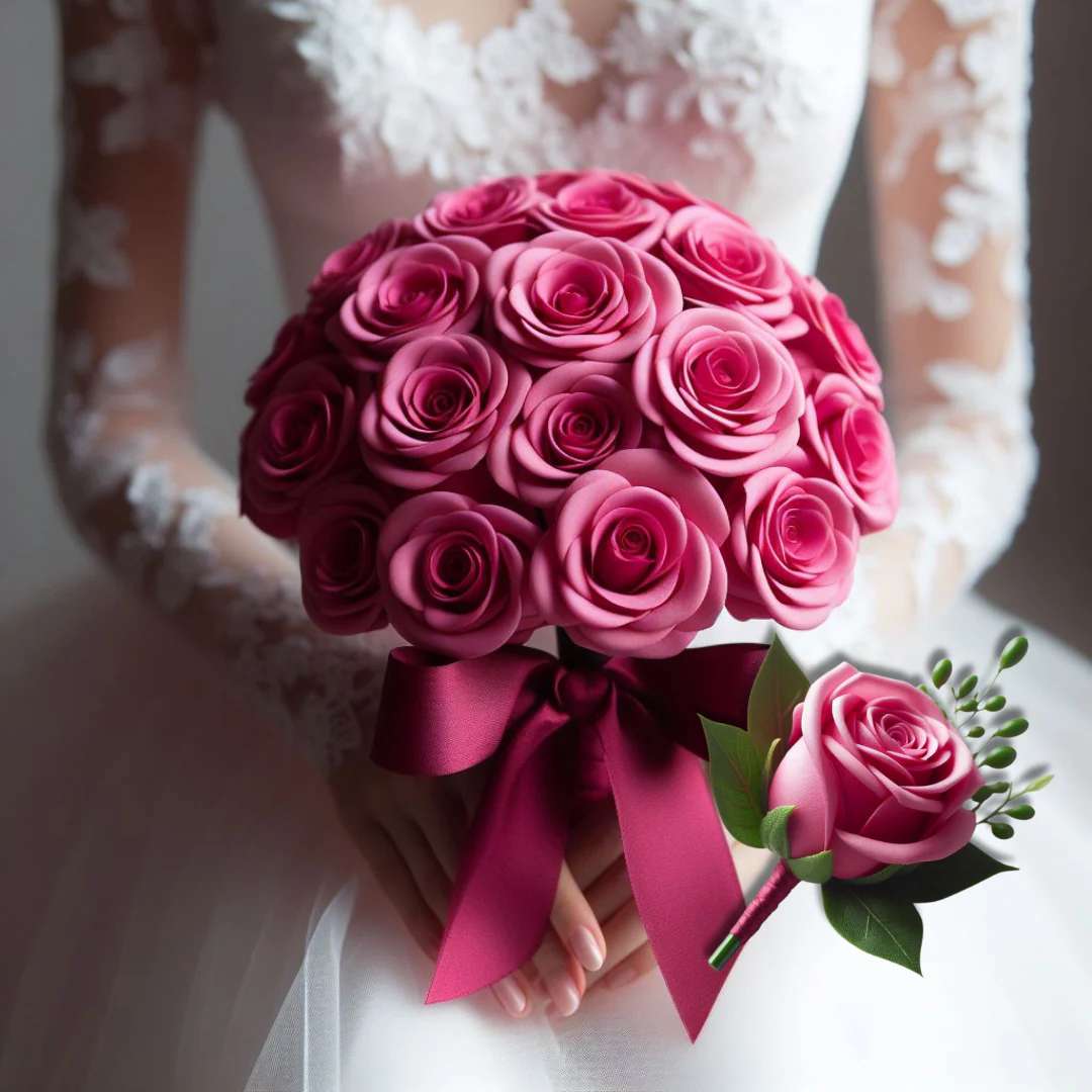 Hot Pink Passion Bridal Set by Latin Lady Flowers - This vibrant set features a bridal bouquet of stunning, hot pink roses, hand-selected for their radiant color and full bloom. The bouquet is hand-tied, creating a lush, voluminous arrangement that is both traditional and eye-catching. The matching boutonniere showcases a single, perfect hot pink rose, accented with a touch of greenery. It’s a bold and beautiful choice for any groom, adding a pop of color and a touch of romance to his ensemble. Both the bouquet and boutonniere are finished with a tasteful wrap, securing the stems and adding a final touch of elegance. This package is perfect for the couple who wants to make a bold, colorful statement on their special day.  Floral Arrangement Disclaimer: This bridal bouquets includes one dozen (12) fresh roses, complemented by a selection of greens and fillers, providing exceptional value. Each boutonniere features one (1) fresh rose, accompanied by greens and fillers. All arrangements are adorned with ribbons or bows to enhance the overall aesthetic. Please note that the photos provided are for illustrative purposes only and do not reflect the final product. Variations in color, fullness, greenery, and flower availability may occur due to the nature of fresh flowers and seasonal availability. Our dedicated team of designers will ensure you receive fresh, high-quality flowers for your special day. In the event that substitutions need to be made, we will contact you to discuss the changes. 