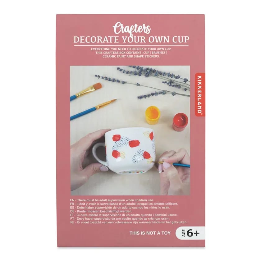 Decorate your own cup Decorate your own cup - Create a one-of-a-kind cup with this fun kit. Perfect for Mothers or Fathers Day gifts, Teacher Appreciation Day, or for fun! This kit contains everything you need to decorate your own cup. Ceramic mug, brush, decal stickers and ceramic paint.
