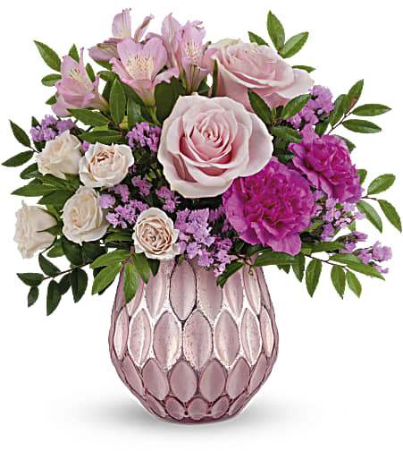 Pink Sparkles Bouquet - This gift will sparkle with fabulously feminine blooms set in a shimmering pink glass vase that has a sculpted design and frosted, faux mercury glass finish. Approximately 11 1/2 inches wide and 11 1/2 inches tall for the Standard size.