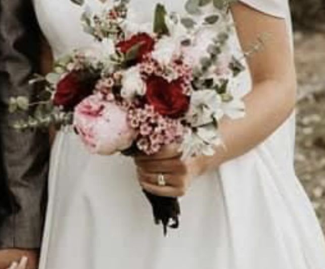 My special day - Handheld bridal bouquet Pink npeonies, red roses, white alstromeria, white mini carnations mixed greens and pink wax flower