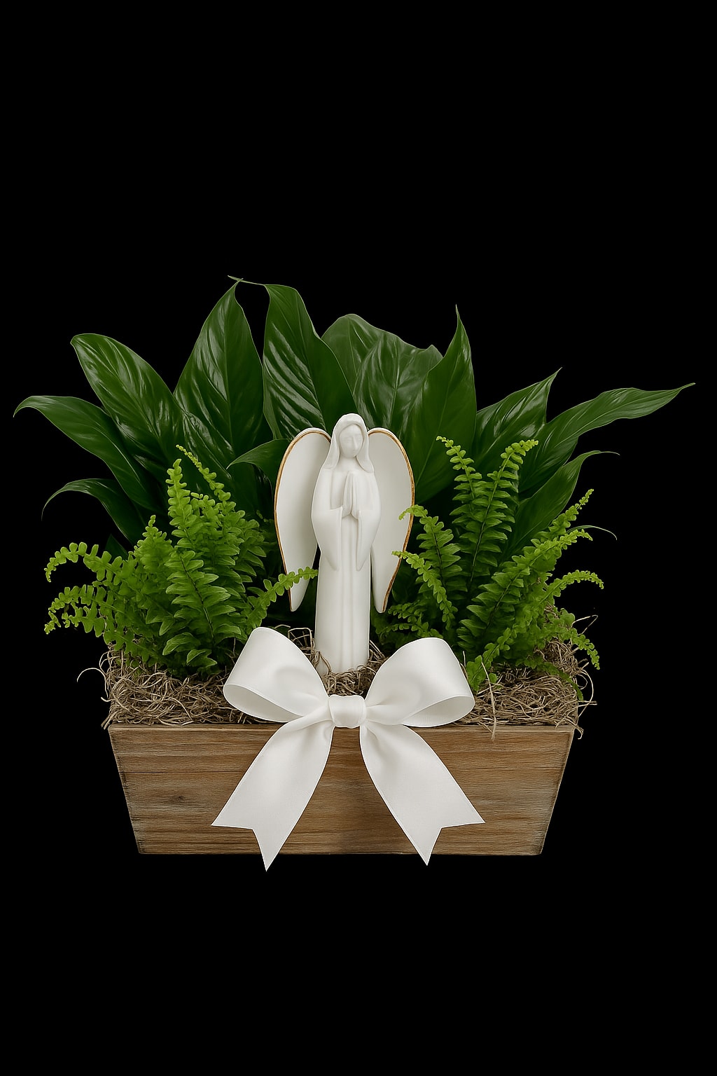 Comforting - A peaceful sympathy planter featuring lush greenery and a graceful angel figurine, now accented with a white satin bow. A comforting gift that offers serenity, hope, and lasting remembrance.