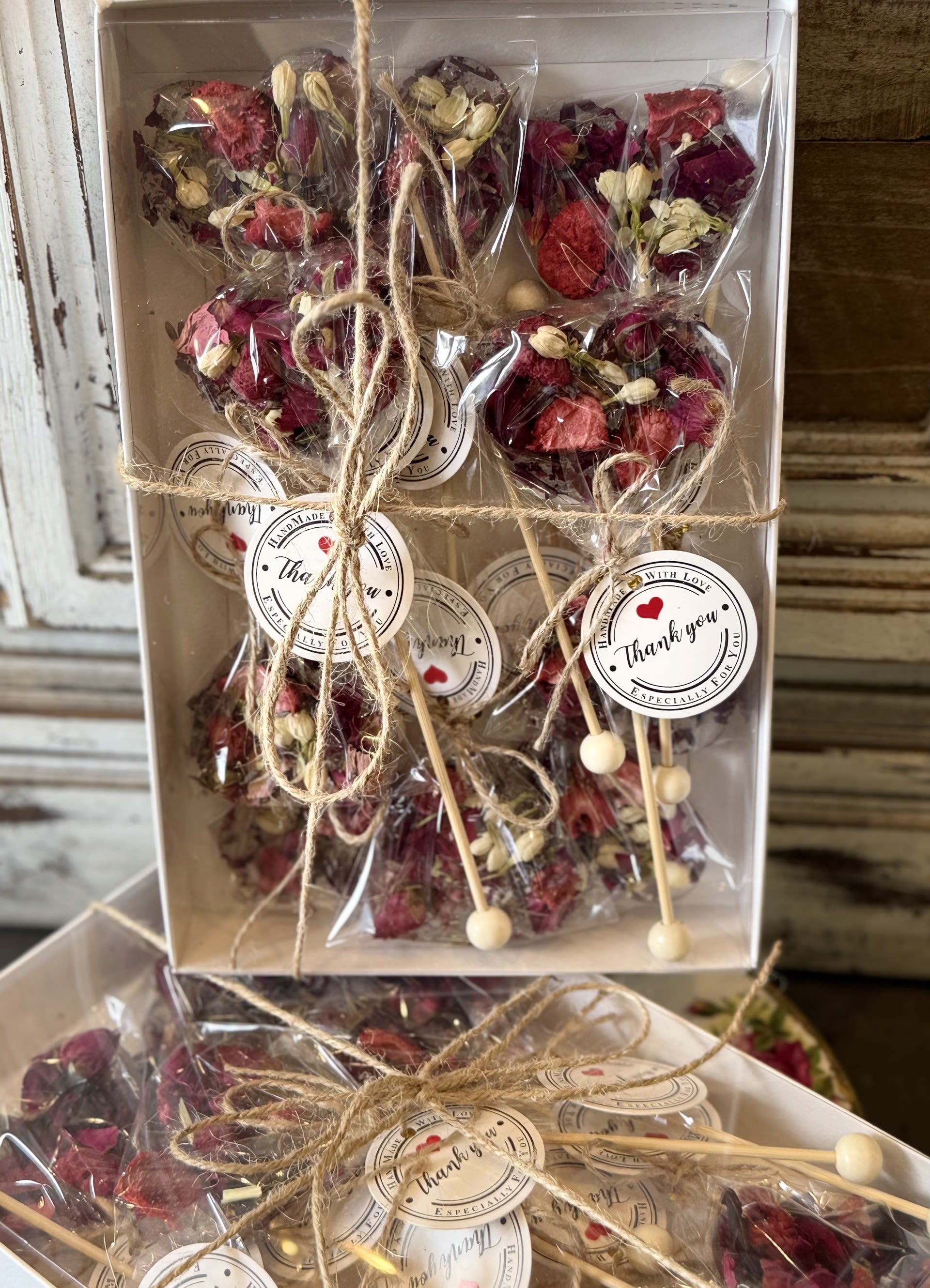 Handcrafted  Tea Lollipop  - A gift set handcrafted tea heart lollipop paired with a beautifully designed with organic and safe ingredients, (natural honey, dried roses, dried berries )How it works: drop the TeaPop into a teacup of hot water (250ml/8.4oz) watch it dissolve, creating a delicious, aromatic tea, reach with vitamins, good for immunity, this is a magical gift for any occasions,  Q 10 in a box.  