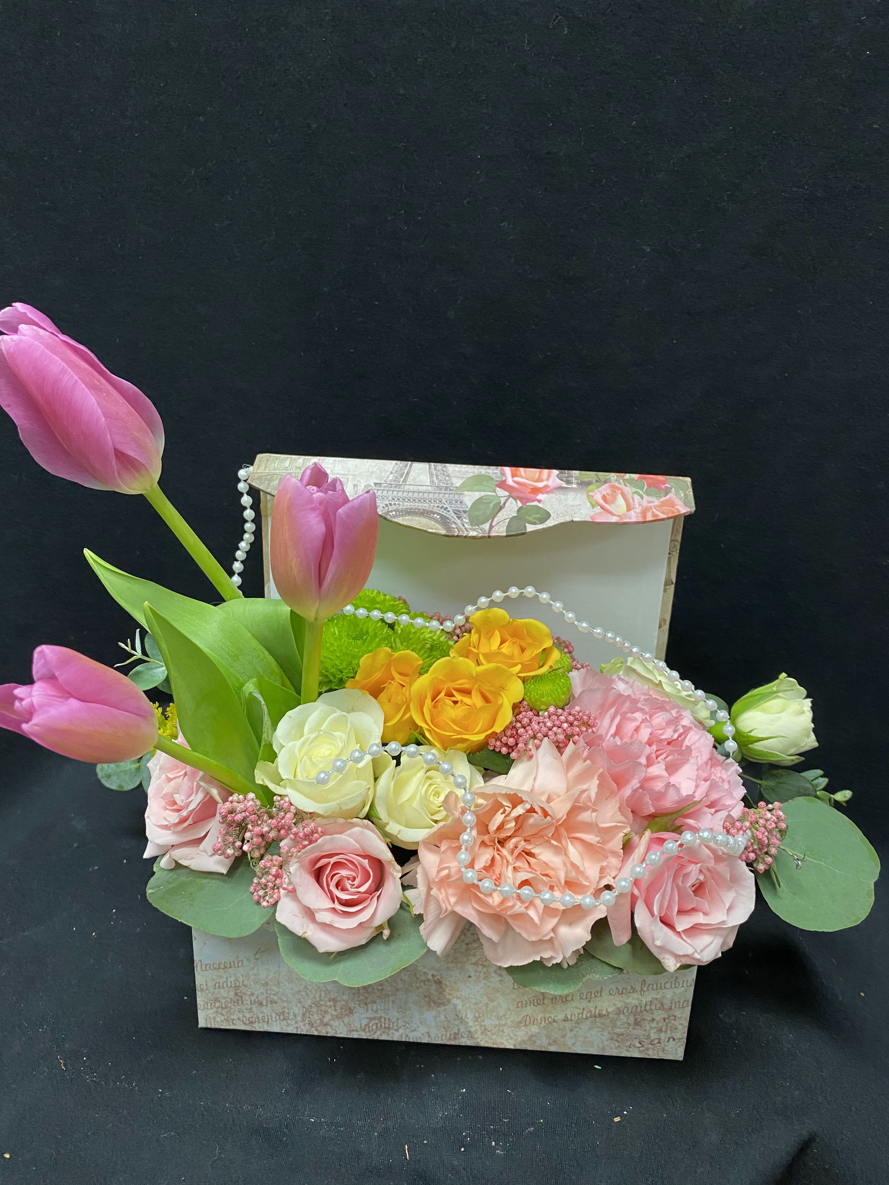 Sweet moments - jewlery box filled with, tulips, spray roses, carnations, green button, and silver dollar with a string of pearls