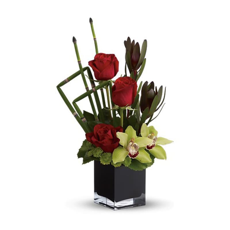 Rose Oasis [TFWEB614] - This gloriously modern bouquet of roses and orchids against a backdrop of geometric greenery creates a real surprise for the eyes. Send it to an adventurous friend or even a loved one with a contemporary flair.  The imaginative bouquet includes red roses, leucadendron, green cymbidium orchids and green button spray chrysanthemums accented with fresh greenery.  Delivered in a black contemporary glass cube vase.  Bouquet is approximately 19&quot; H x 12&quot; W  Orientation: One-Sided      As Shown : TFWEB614  