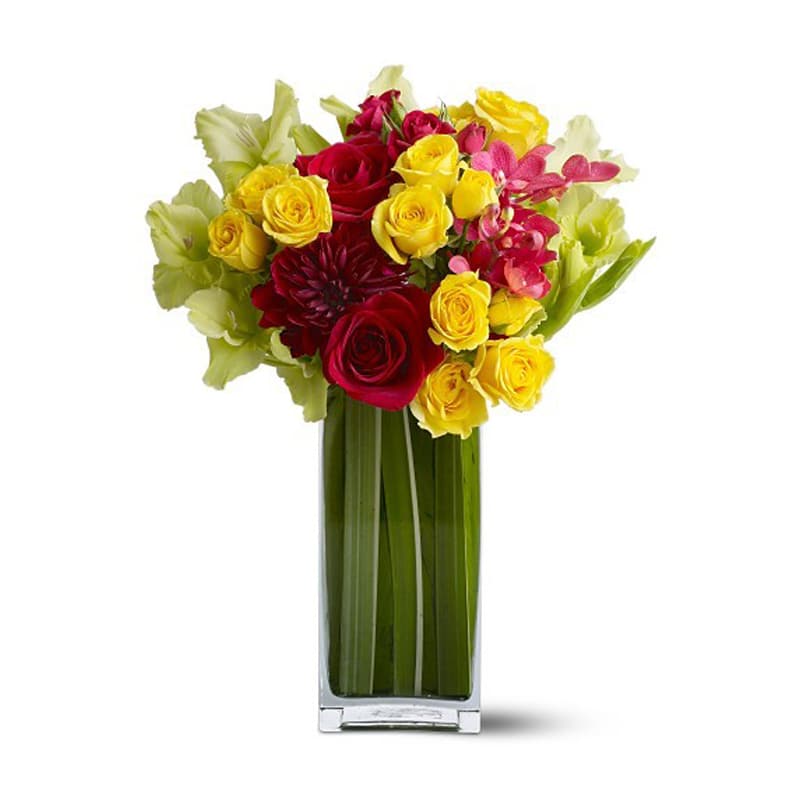 Island Blooms [TFWEB387] - On a tropical island, fragrant roses bloom side-by-side with orchids and a range of exotic and beautiful blossoms. And the rich colors of this magnificent floral gift will bring the warm colors of the tropics home to someone special.  A mix of fresh flowers such as red roses, red and yellow spray roses, burgundy dahlias and Mokara orchids and green gladioli are delivered in a tall square glass vase lined with flax and ti leaves.  Approximately 11&quot; (W) x 16&quot; (H)  Orientation: All-Around      As Shown : TFWEB387  