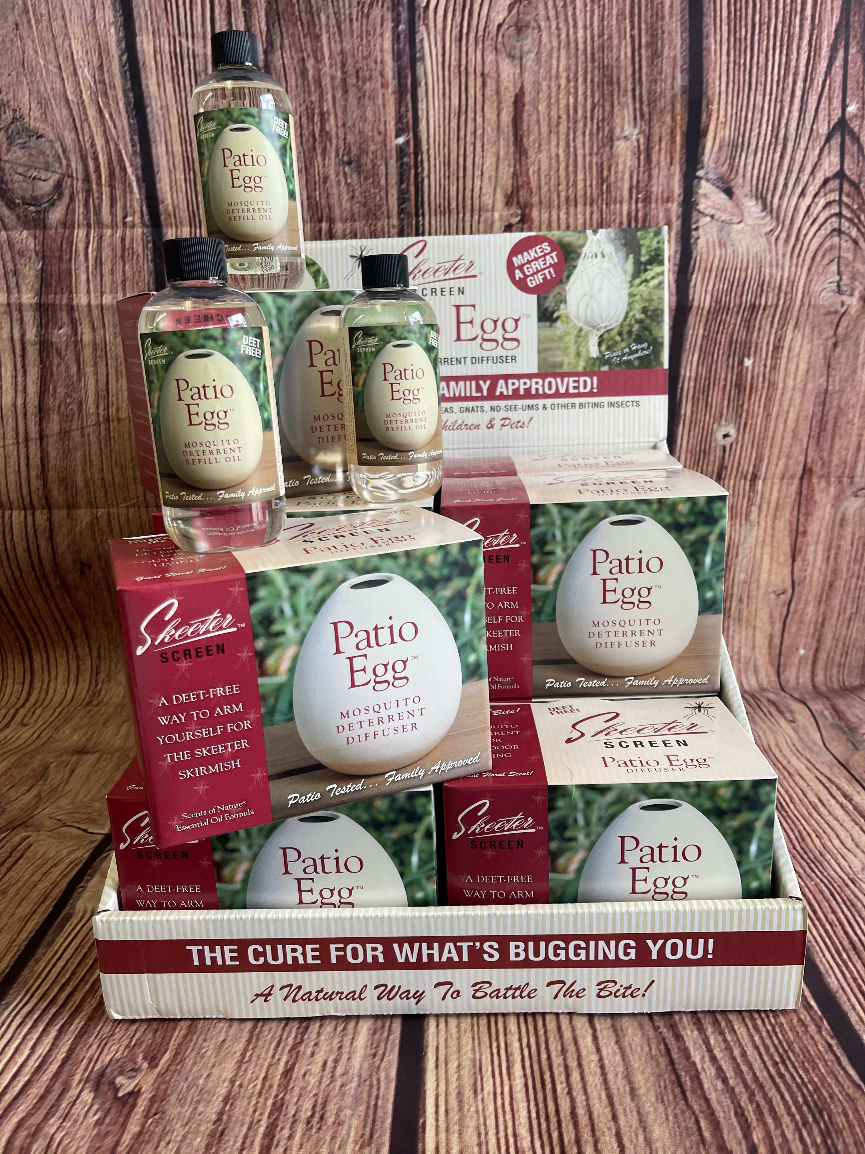 Patio Egg Patio Egg - Patio Egg Diffuser is an easy, safe & effective way to help deter mosquitoes and other biting insects from your outdoor living areas. Deet Free Scent. Pour The Oil Into The Egg Diffuser & The Fragrance Will Migrate Up The Sides & Hatch Within 24 Hours Allowing You To Enjoy The Outdoors Continuously 24 Hours A Day, 7 Days A Week, Comes With A Fiber Netting For Hanging, Measuring Cup & 4 OZ Of Skeeter Screen Oil.