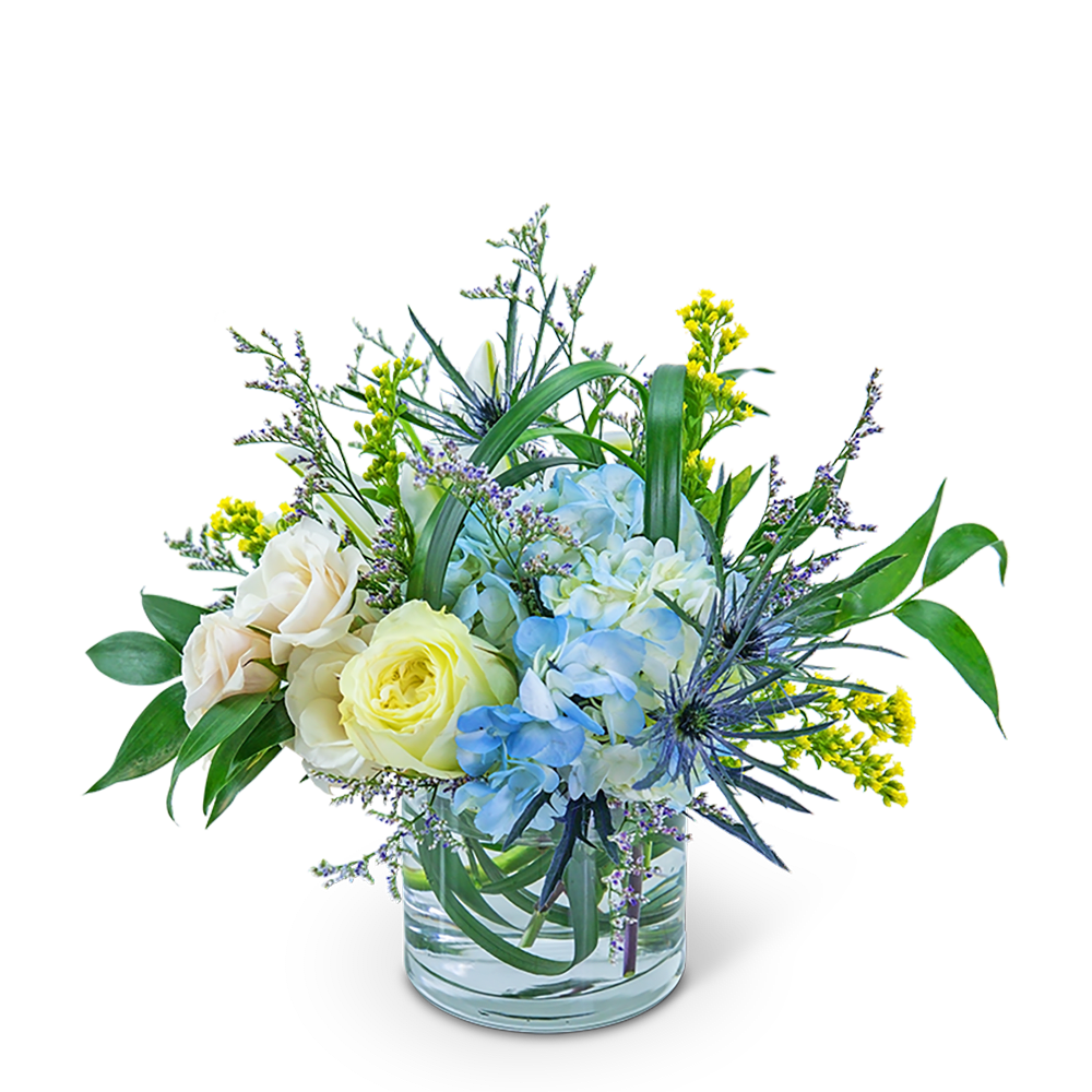Wilde Blue - The soft blues and whites of this arrangement will add a touch of tranquility to any room.  This peaceful bouquet combines blue hydrangea, white roses, blue eryngium, lily grass, solidago, limonium, and Italian ruscus in a clear glass vase. Wilde Blue is perfect for a new baby, get well, or just because gift. 
