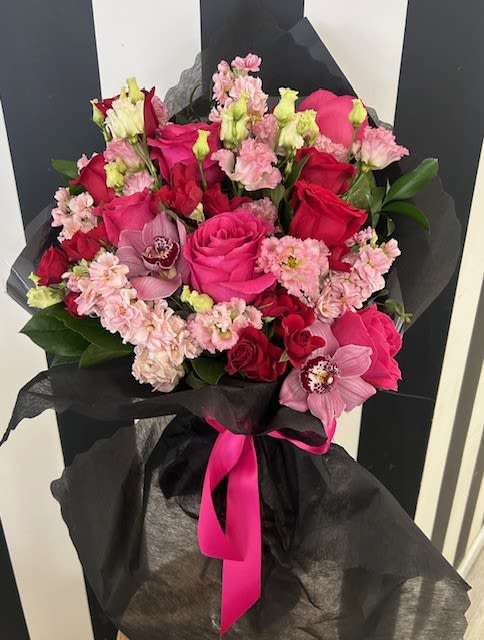 Lush Wrapped Bouquet Canyon  - romantic wrapped bouquet with red and pink flowers for a valentines day surprise!