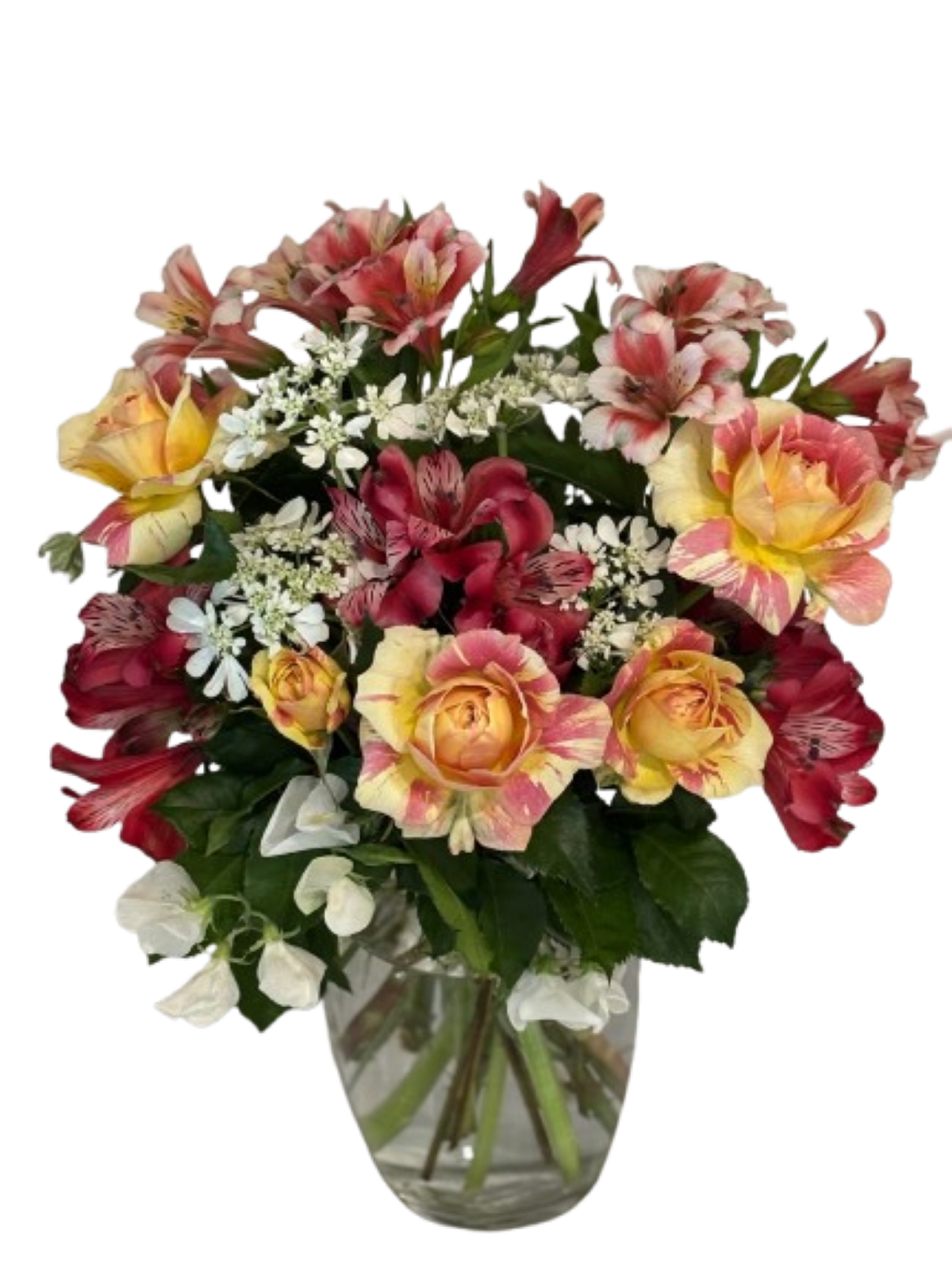 Birthday Surprise Bouquet - Remember that special Birthday with this Gorgeous arrangement of Roses, Alstroemeria, Orlaya, Sweet Peas and Limonium.  A joy to give and receive.