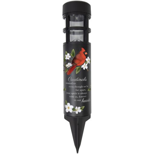 Memorial Solar Stake Light- Cardinals Remind Us Memorial Solar Stake Light- Cardinals Remind Us - The memorial solar stake lights are made of high quality polyresin. The LED solar light remains on up to 8 hours on a full charge. Weather Friendly. 15.5 "H x 2 3/4" Diameter. Features Cardinal with leaves and flowers and reads "Cardinals remind us even though we're far apart, your spirit is always with us, forever in our hearts".