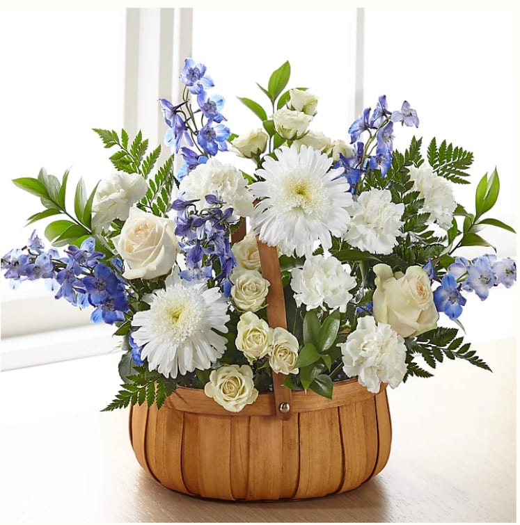 Harmony &amp; Grace Basket - Crafted with a modern mix of blooms, our Harmony &amp; Grace Basket shares peace, harmony and solace to a grieving loved one. While the bouquet is crafted with an elegant collection of roses, delphinium and carnations, it is your sentiment that truly brings this arrangement together.
