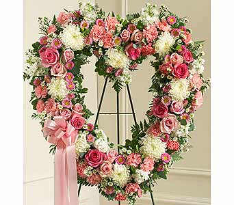 Pink and White Open Heart Pink and White Open Heart - Pink and white flowers such as roses, stock, carnations and more. Convey your deepest condolences and undying love with this beautiful arrangement. As Shown : HUD-91238