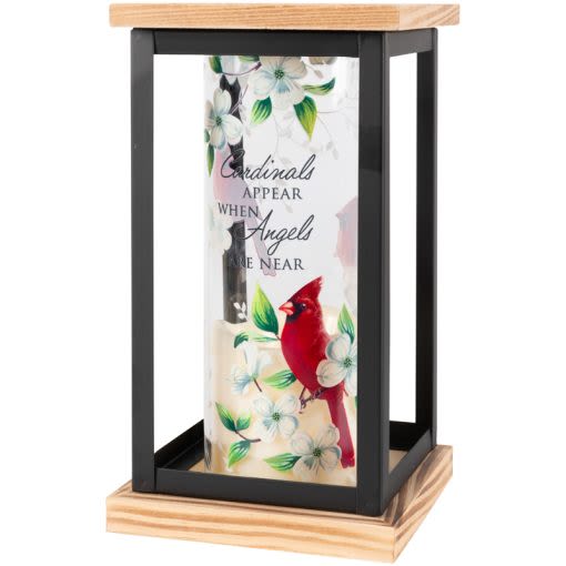 Cardinals Appear When Angels Are Near Framed Cylinder Memorial Lantern - Our framed cylinder lanterns are comprised of a flameless LED candle inside a glass cylinder that is framed with wood and metal. The cylinder is adorned with full color artwork. The candle features an automatic timer that runs for 6hrs ON and 18hrs OFF which requires 3AAA batteries that are included. Indoor use only!  Lantern Reads: &quot;Cardinals appear when angels are near&quot;   W: 4.75&quot; H: 8.5&quot; D: 4.75&quot;