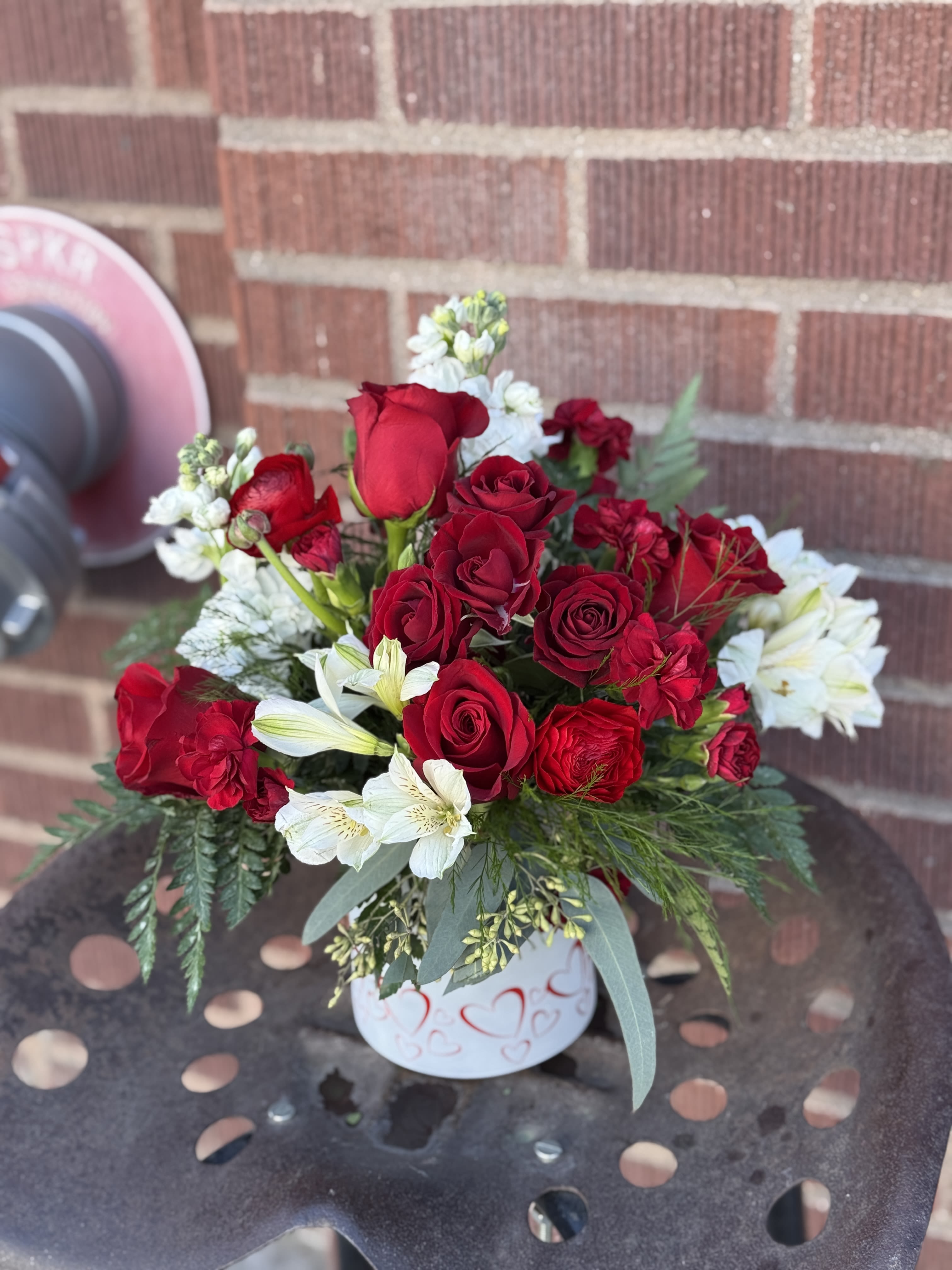 All My Love All My Love - In Reds/Whites with red roses and in a decorative heart container.