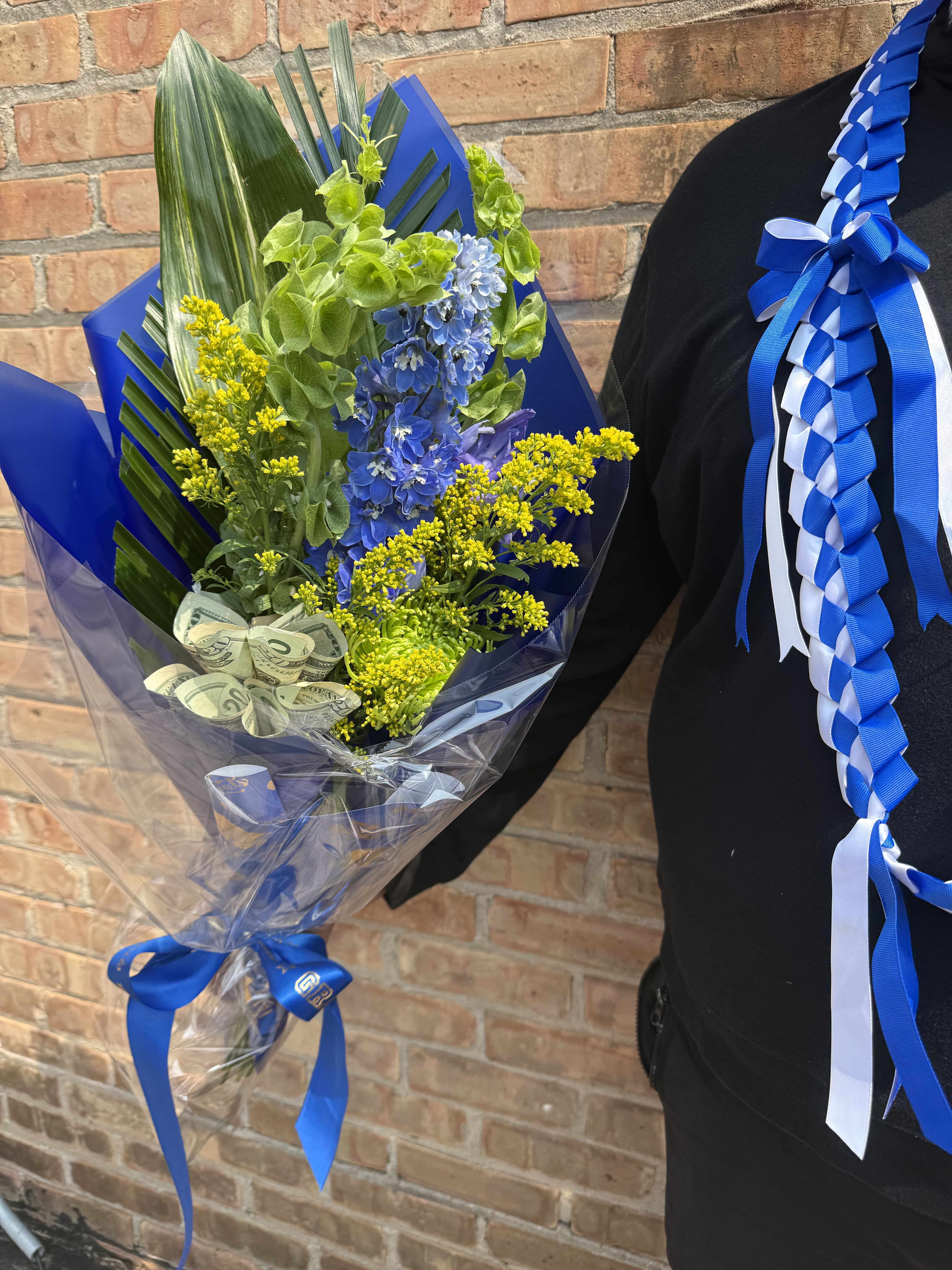 Graduate Masculine/Bro Bouquet  - Lime Green &amp; Blue flower combo with tropical greens wrapped in black or blue waterproof paper. Small money flower optional. 