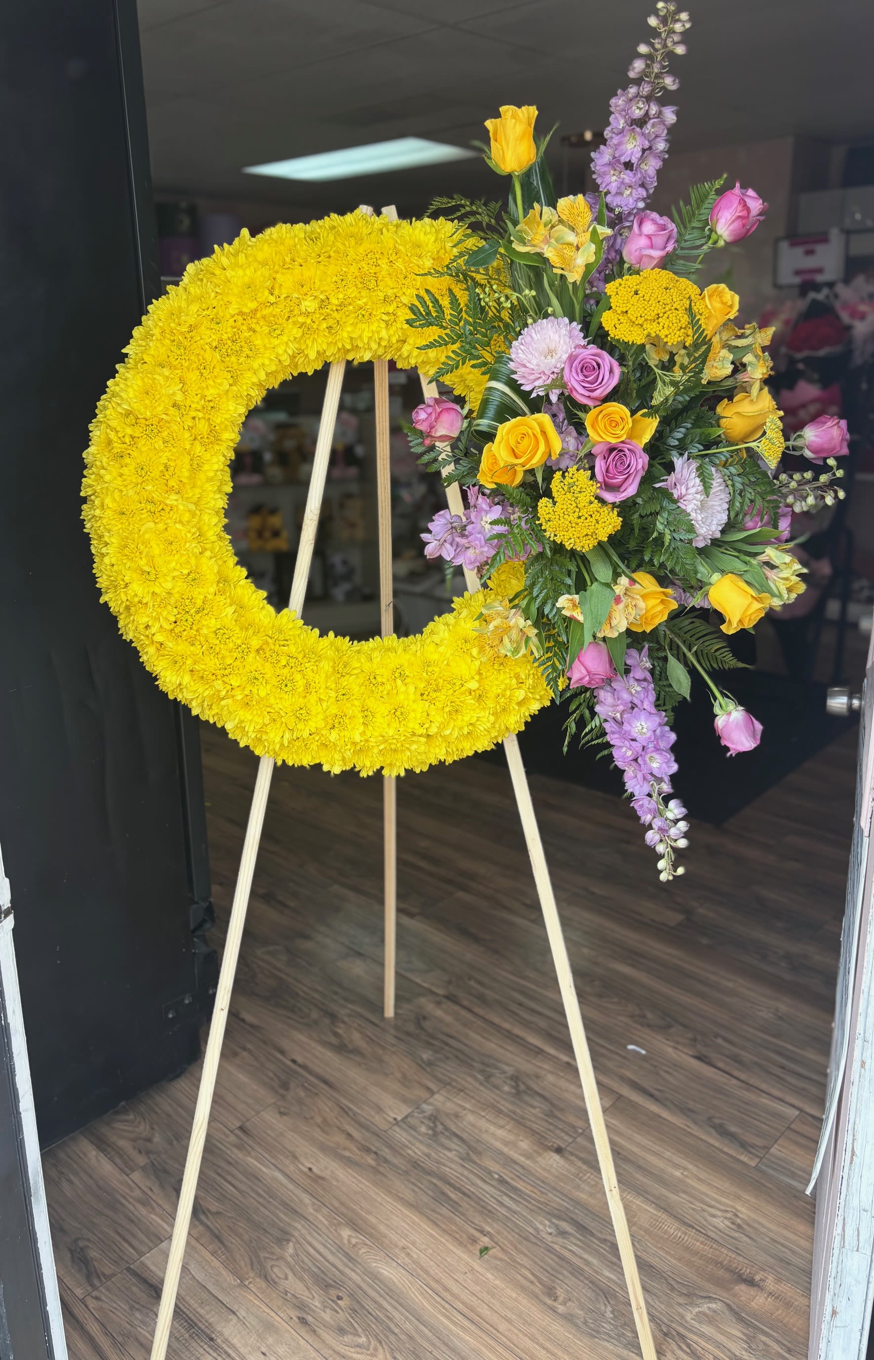 Yellow Sympathy Wreath (Please Call Store To Order 9096885491) - Beautiful customized Sympathy please call our store to place the order and make and customizations 909-688-5491