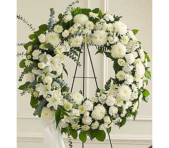 All White Standing Wreath All White Standing Wreath - This white Standing Wreath is a tasteful reflection of the respect and compassion you wish to convey at this difficult time. As Shown : HUD-91315