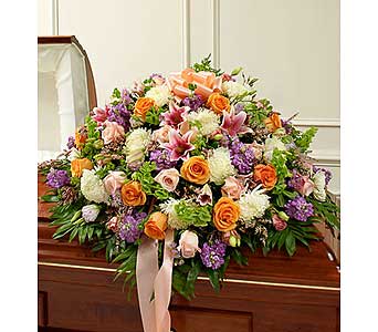 Multicolor Pastel Mixed Half Casket Cover Multicolor Pastel Mixed Half Casket Cover - Send an elegant expression of your love and a touching tribute to a loved one with this pastel-hued casket cover arrangement. As Shown : HUD-91402