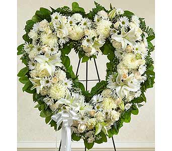 White Standing Open Heart White Standing Open Heart - When you need a beautiful way to convey your sympathy and love, this open heart standing spray is the perfect choice. As Shown : HUD-91247