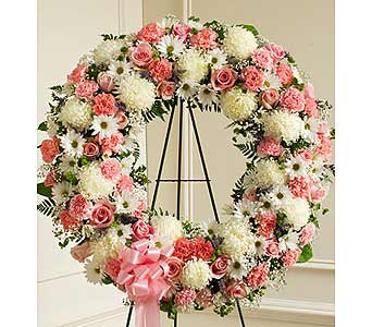 Pink and White Standing Wreath Pink and White Standing Wreath - Pink and White Standing Wreath is decorated with roses, carnations and other blooms and expresses what's in your heart. As Shown : HUD-91304