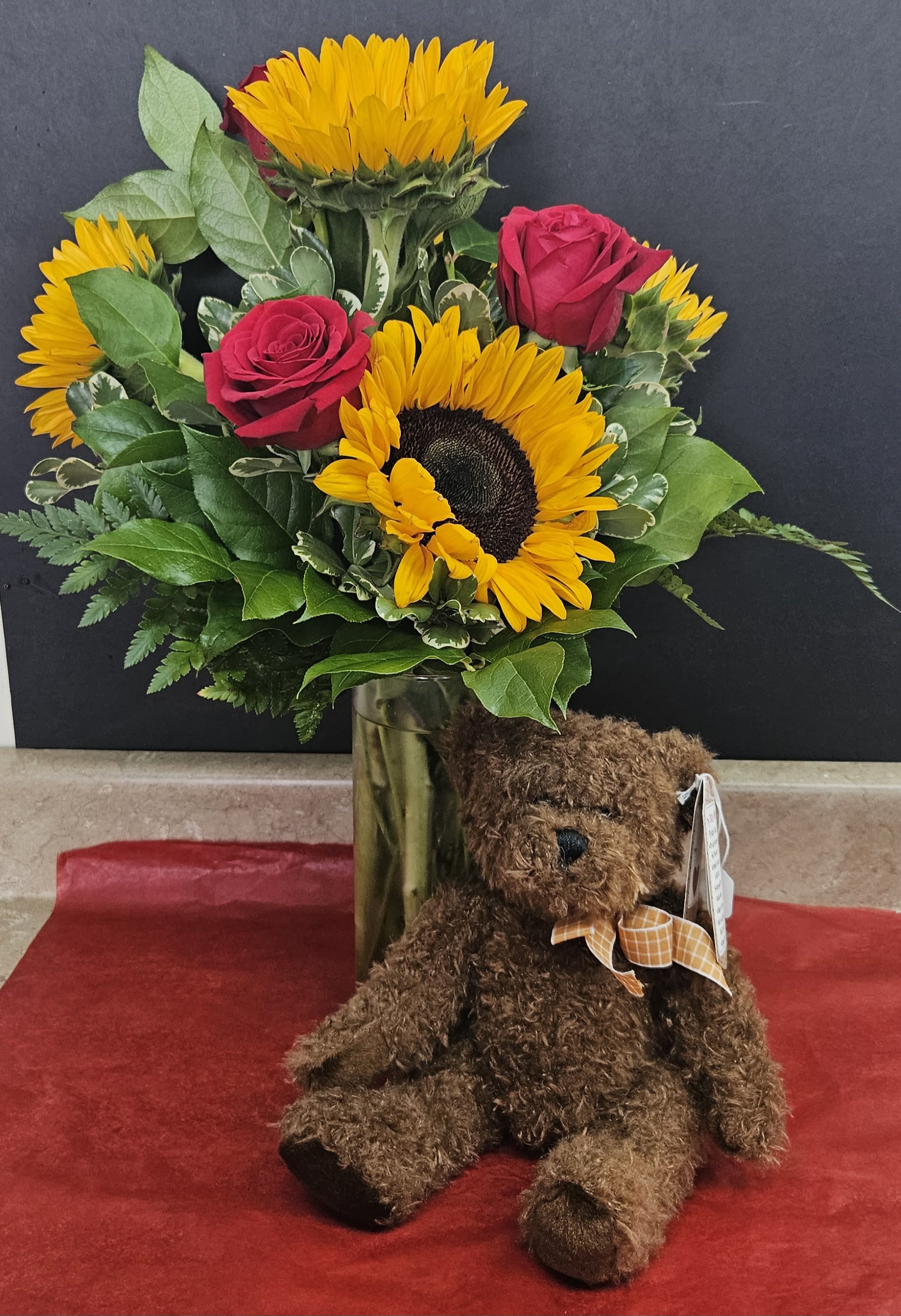 Rosey Sunflower with Teddy - Beautiful Red Roses with Large Sunflowers and a Soft Teddy Bear