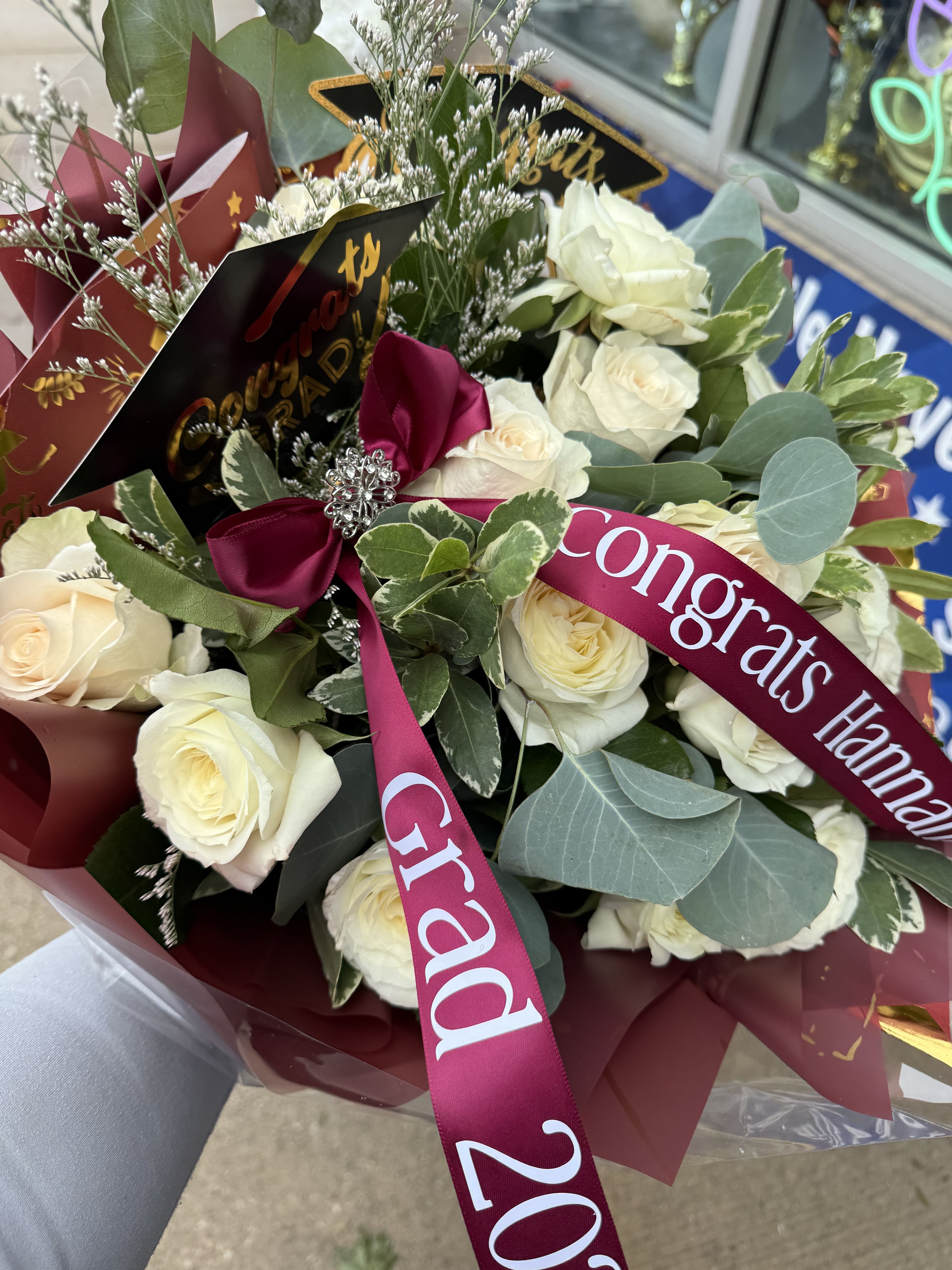 Maroon & White Graduation Bouquet Maroon & White Graduation Bouquet - White Roses