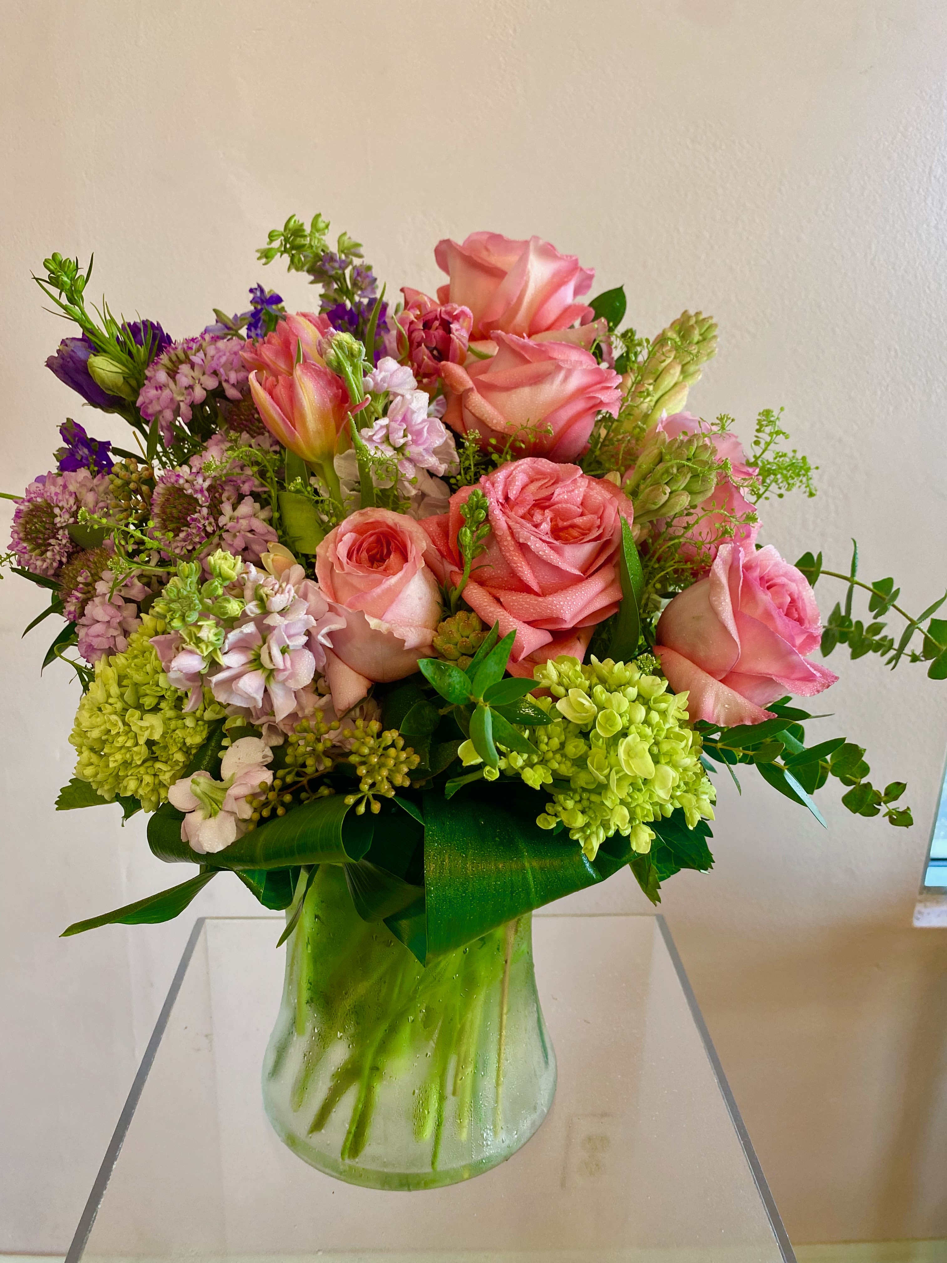 Tuberrose &amp; Tulips  - A small vase of pink expression roses, pink scabiosa, pastelmpinke stock, purple lisianthus, and green hydrangea. A simplistic way to say &quot;I love You!&quot; 
