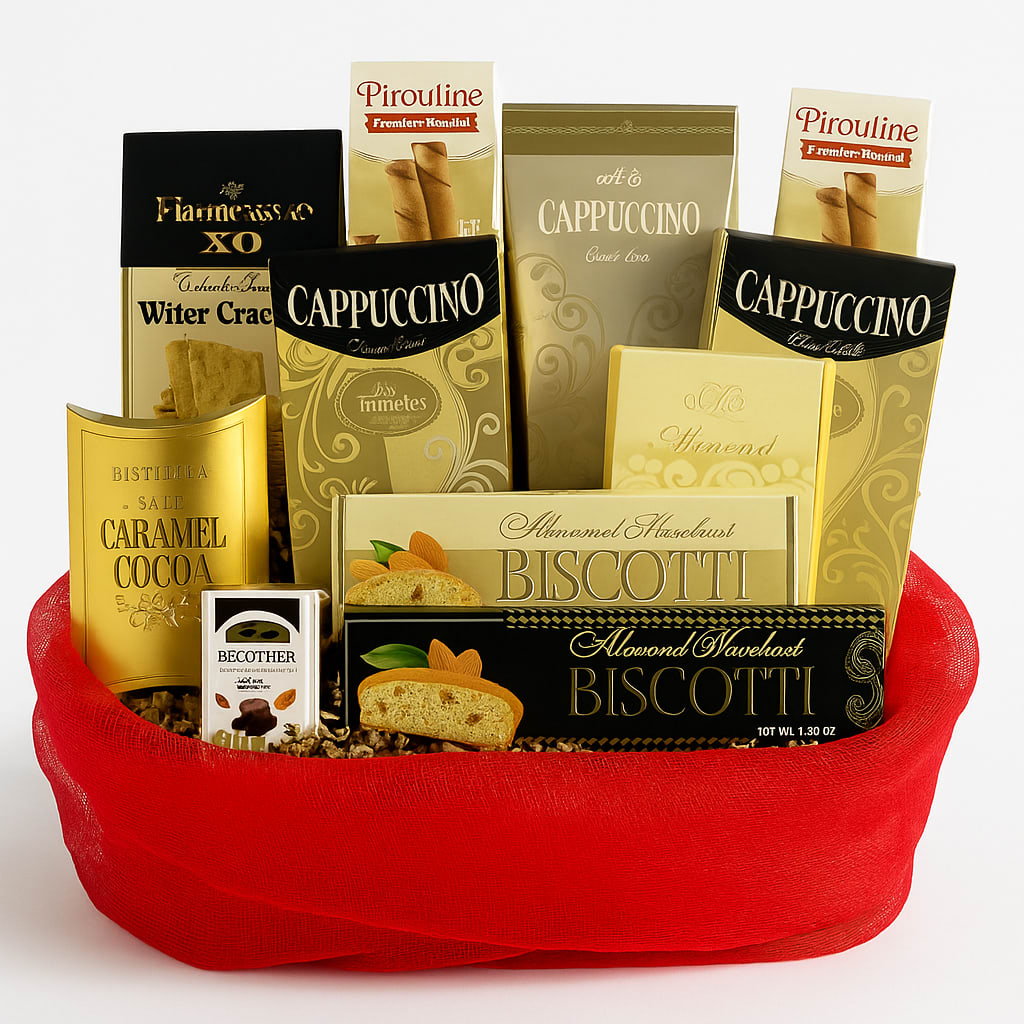 Golden Indulgence Gift Basket - Treat someone special to a moment of pure indulgence with our Golden Indulgence Gift Basket, featuring rich cappuccino blends, buttery almond biscotti, crisp crackers, caramel cocoa, and premium European sweets. Perfect for birthdays, corporate gifting, thank-you gestures, or cozy nights in. 