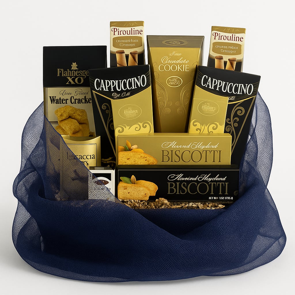 Golden Indulgence Gift Basket (Blue) - Treat someone special to a moment of pure indulgence with our Golden Indulgence Gift Basket, featuring rich cappuccino blends, buttery almond biscotti, crisp crackers, caramel cocoa, and premium European sweets. Perfect for birthdays, corporate gifting, thank-you gestures, or cozy nights in.