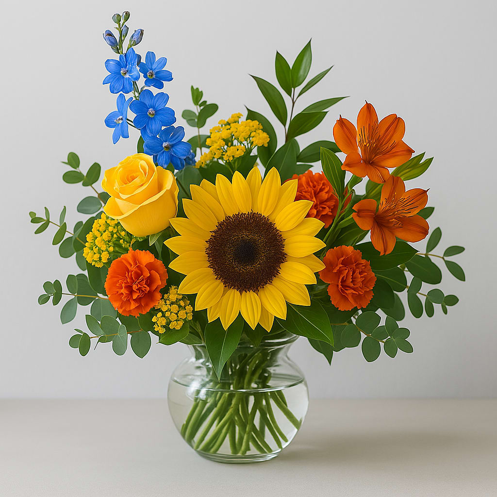 Sunfire Blooms by Latin Lady Flowers  - Sunfire Blooms – A Radiant Tribute for Father’s Day  Celebrate Dad with the warm, fiery glow of Sunfire Blooms, a stunning floral arrangement that blends strength and warmth. Featuring vibrant orange lilies symbolizing confidence and admiration, paired with golden yellow roses for joy and appreciation, this bouquet is designed to honor father figures with elegance and heart.  