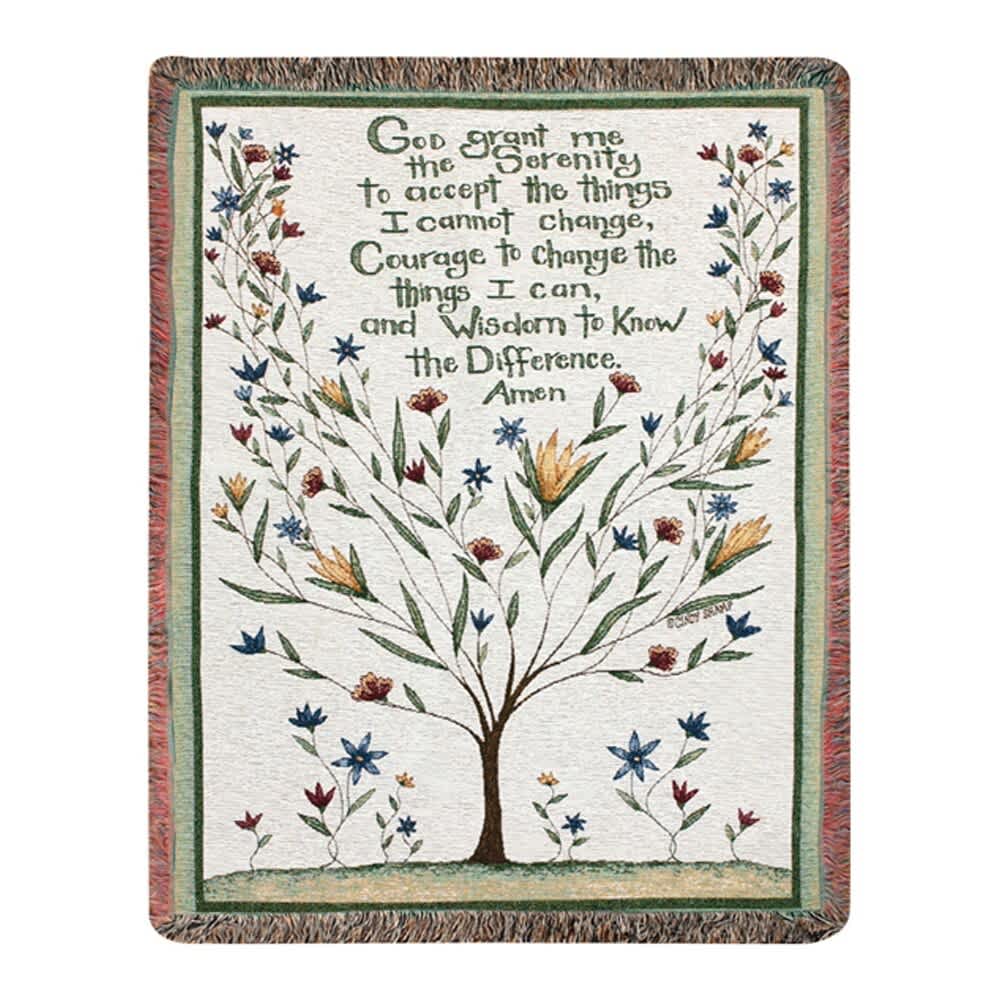 Serenity Prayer Blooming Tree Tapestry Throw - Throws will be folded with a bow and your card message. I you would like your throw displayed on an easel, you will need to choose the deluxe version. This heirloom-quality Serenity Prayer Blooming Tree Tapestry Throw will add boutique charm to your home! Our Tapestry Throws are woven from 100% cotton. The weave is thick, and this versatile 50&quot; x 60&quot; piece can be used as a blanket, bedspread, or wall hanging.