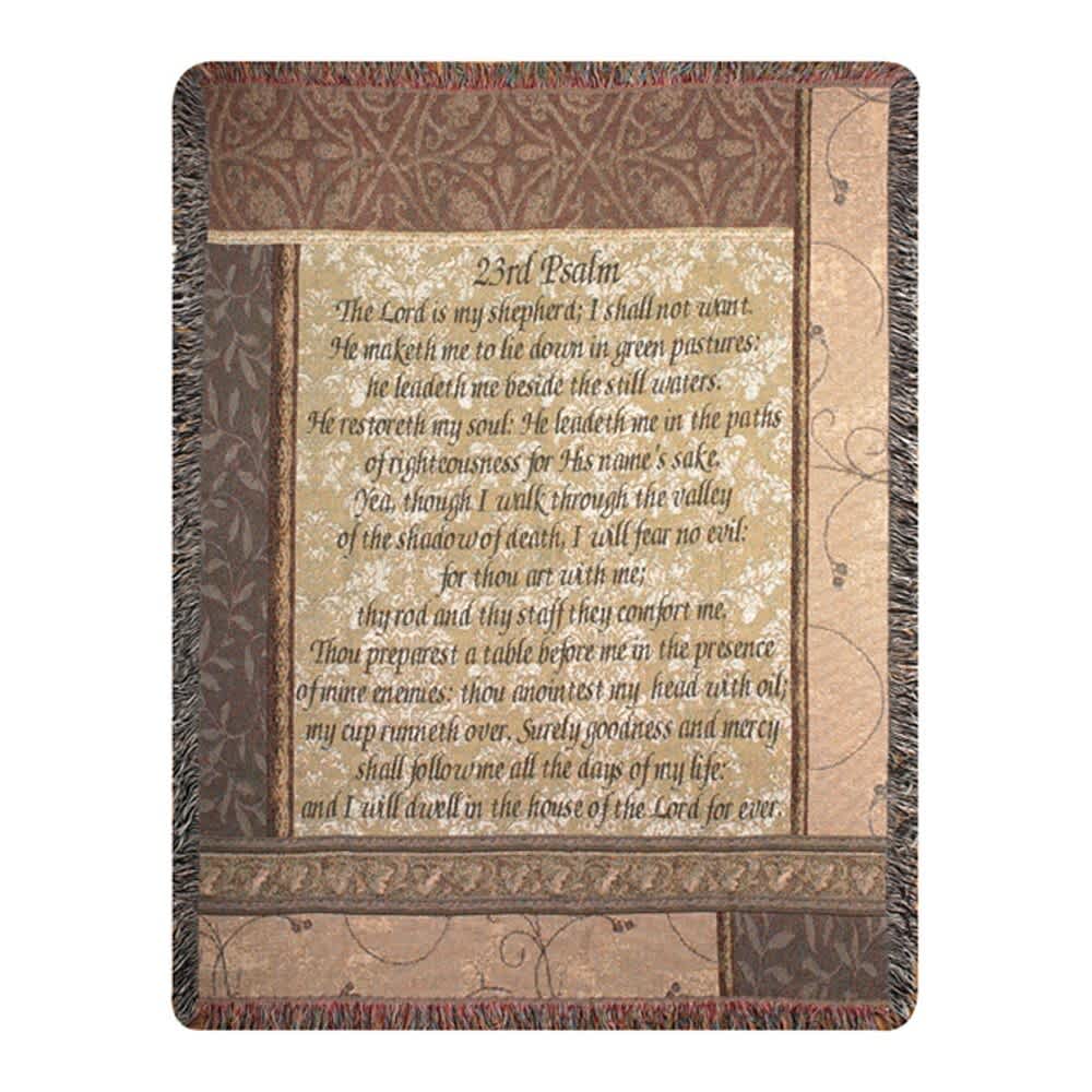 My Shepherd 23rd Psalm Tapestry Throw - Throws will be folded with a bow and your card message. If you would like your throw displayed on an easel, you will need to choose the deluxe version. This heirloom-quality My Shepherd 23rd Psalm Tapestry Throw will add boutique charm to your home! Our Tapestry Throws are woven from 100% cotton. The weave is thick, and this versatile 50&quot; x 60&quot; piece can be used as a blanket, bedspread, or wall hanging.