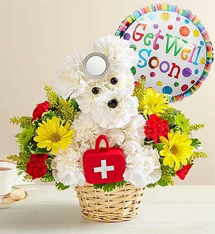 DR. PUP - Our doggie doctor is the perfect pick-me-up for anyone feeling under the weather—and he loves to make house calls! From our signature collection, this cute creation is surrounded by a vibrant bunch of blooms, ready to brighten anyone’s day. Add an uplifting balloon to get them on the mend in no time.