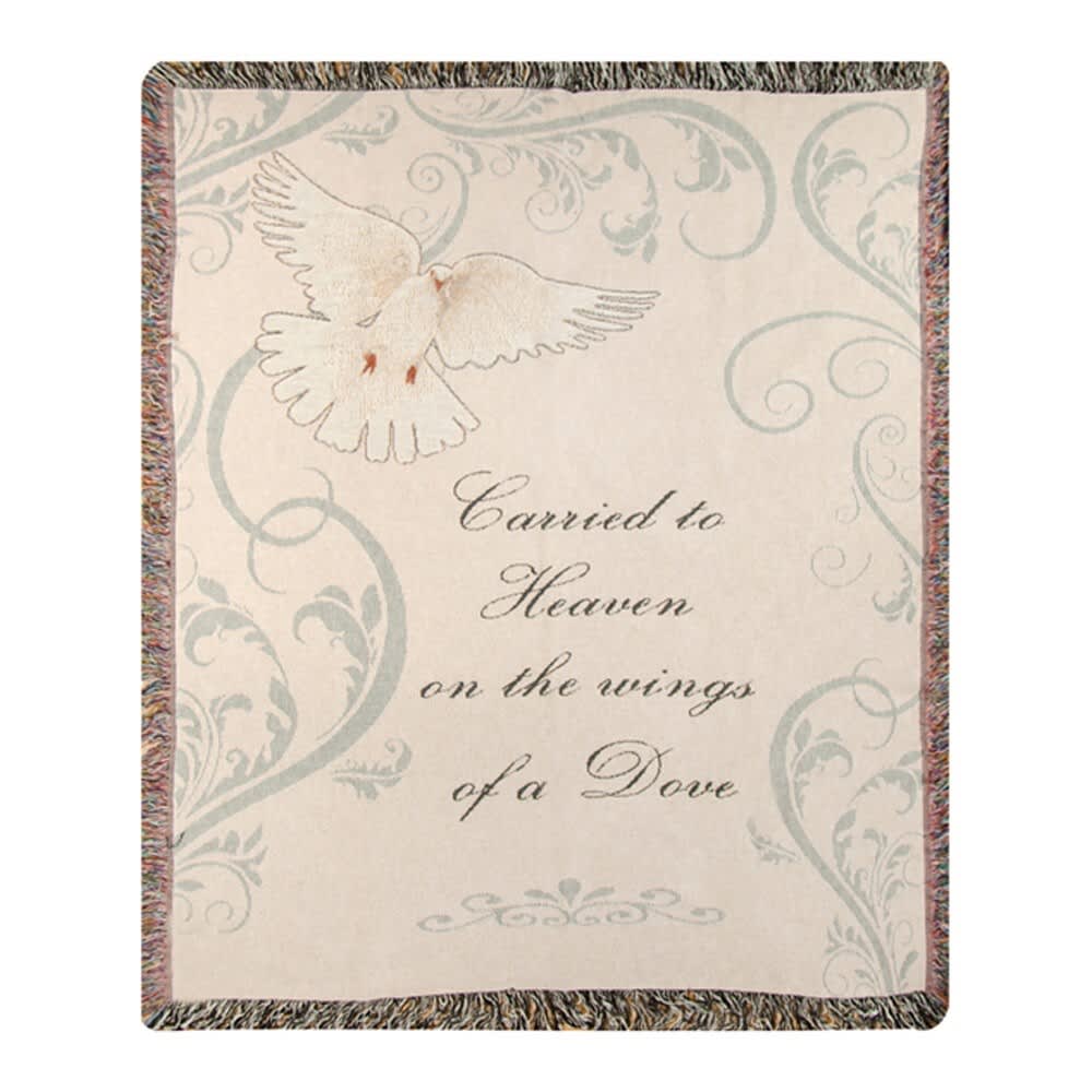 Carried to Heaven Tapestry Throw - Throws will be folded with a bow and your card message. If you would like your throw displayed on an easel, you will need to choose the deluxe version. This heirloom-quality Carried To Heaven Tapestry Throw will add boutique charm to your home! Our Tapestry Throws are woven from 100% cotton. The weave is thick, and this versatile 50&quot; x 60&quot; piece can be used as a blanket, bedspread, or wall hanging.