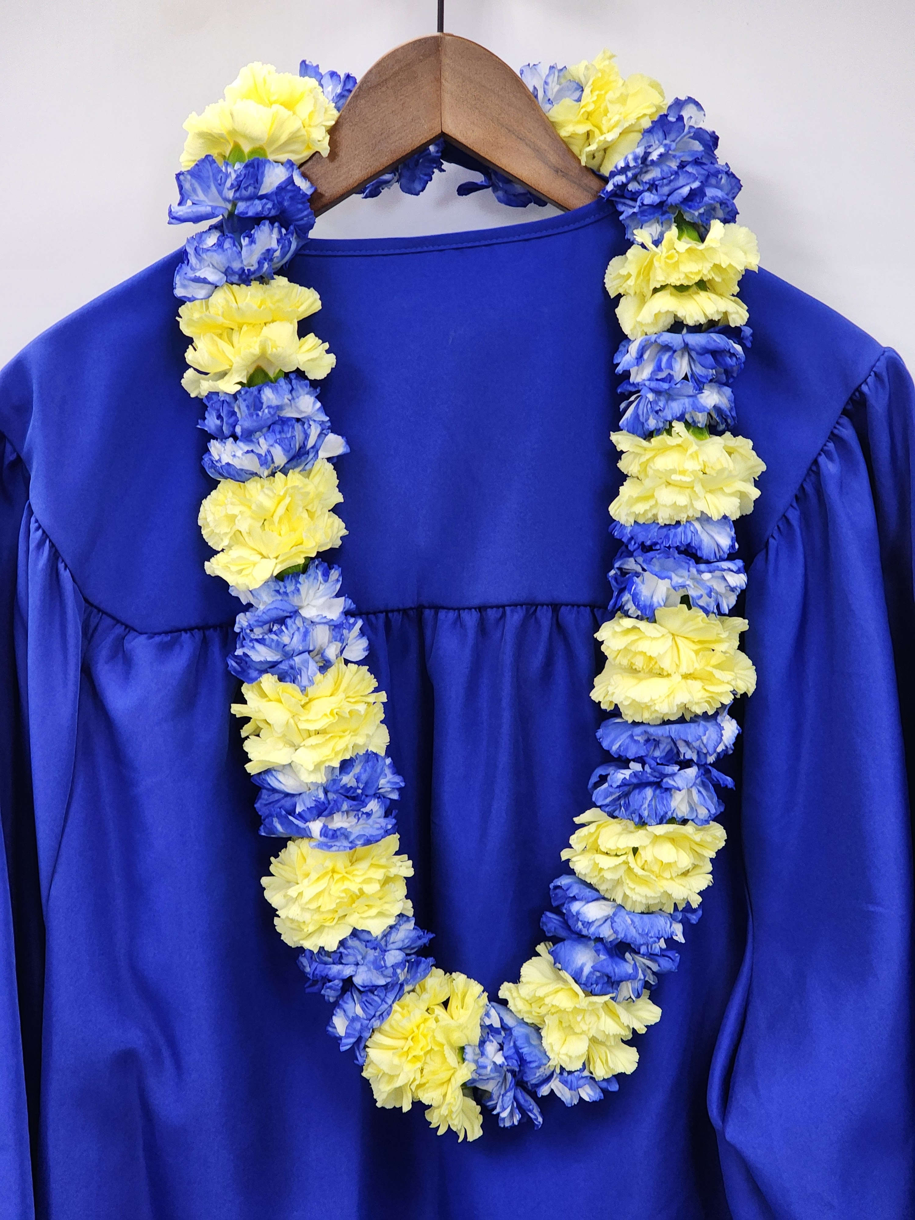 UC Davis Graduation Lei - Choose this lovely in-house custom made large carnation lei to accent your graduate's outfit! Perfect for the long ceremony!  Gown NOT included. Display ONLY.