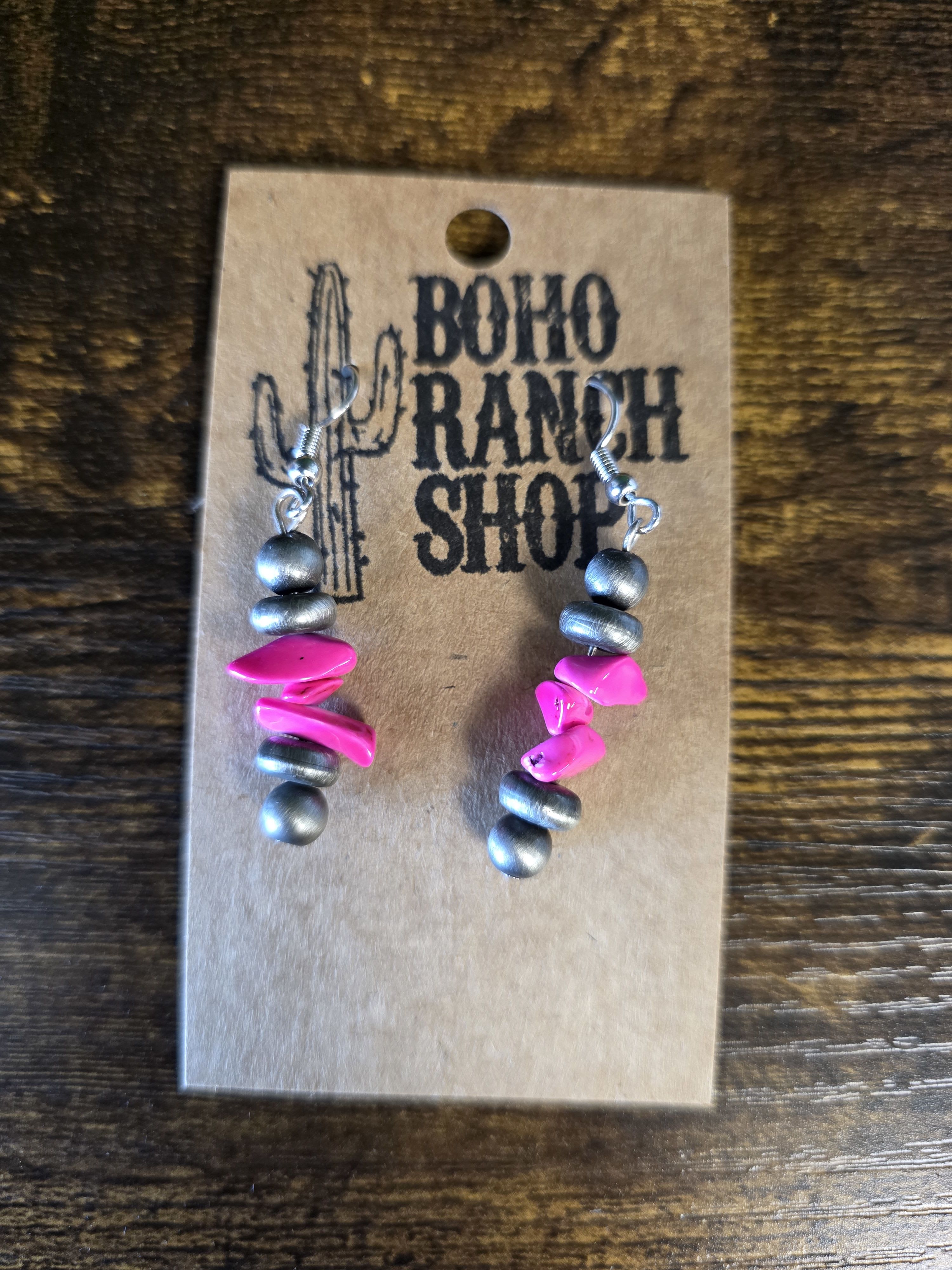 Western Chip Stone Dangle Earrings - - Burnished Silvertone - Faux Chip Stone Beads - Faux Matte Silver Navajo Pearl Disks - Stacked Bead Design - Fish Hook Style Earrings - 2” Drop - Lead Compliant