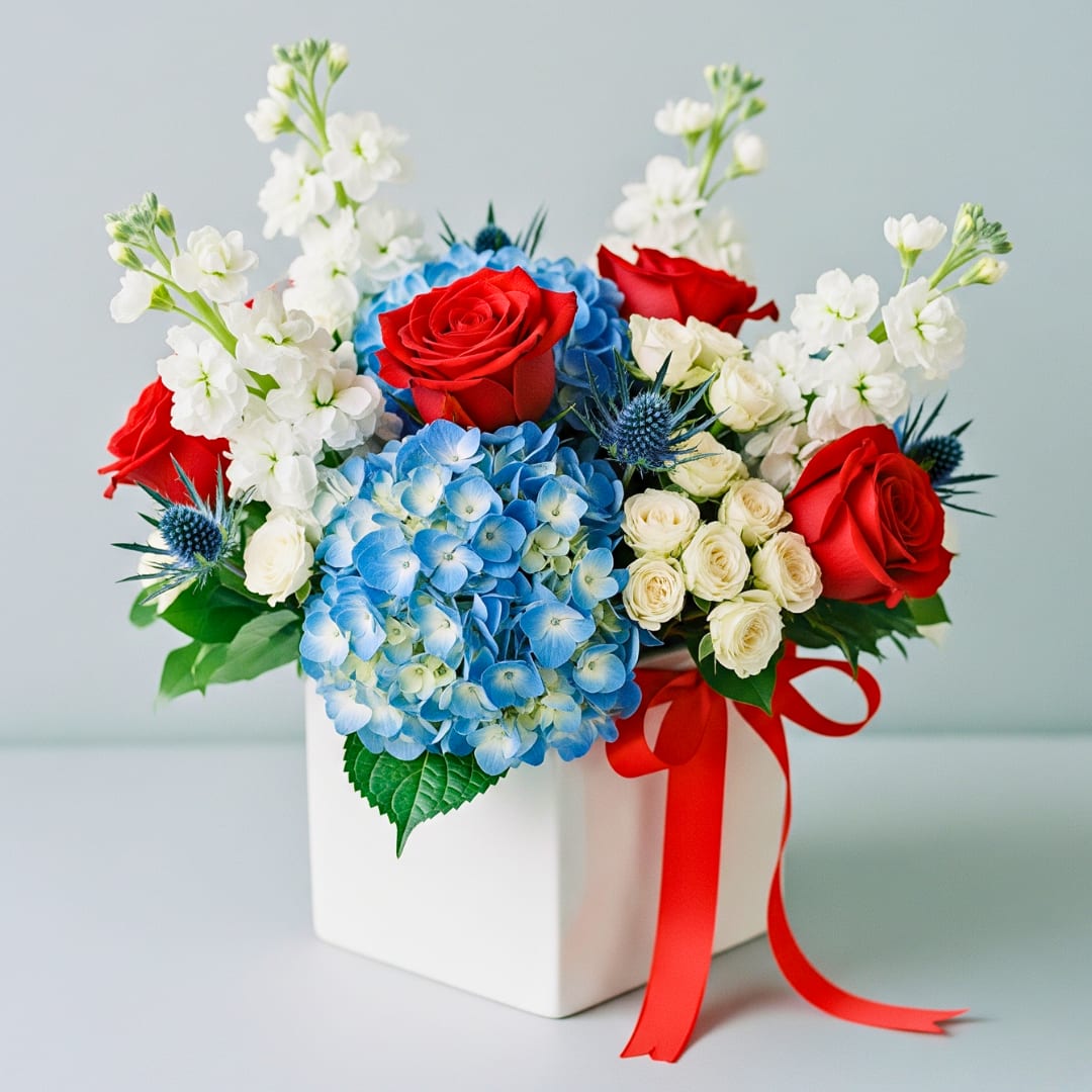 American Charm American Charm - Send the American Charm Arrangement Send a beautiful tribute with our American Charm arrangement! This patriotic design captures the spirit of red, white, and blue, perfect for celebrating national holidays, honoring a special hero, or simply bringing a touch of classic American elegance to any home. This lovely display features vibrant red roses, lush blue hydrangeas, and crisp white stock flowers, all thoughtfully arranged to showcase our Nation's colors. Adorned with a cheerful red bow and presented in a classic white ceramic container, it's a heartfelt and striking centerpiece for any occasion. Let us help you send a moment of pride and beauty. Order the American Charm today and celebrate with timeless style. Need a larger size? Choose our Deluxe or Premium options!