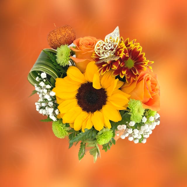 Oooh Pumkin - A charming little ceramic pumpkin—its smooth glazed surface in shades like soft ivory, muted sage, or classic burnt orange, with subtle ridges and a delicate gold or bronze stem adding a touch of whimsy. Nestled inside is a cozy, lush arrangement of seasonal blooms and textured accents.  At the heart of the bouquet: warm-toned roses in peach or burgundy, paired with creamy white flowers or mums. Tucked between them are dainty orange roses, golden craspedia balls, and soft clusters of waxflower or eucalyptus. Dried elements like preserved wheat, mini pinecones, or cinnamon sticks might peek through, adding rustic charm and a gentle scent of fall.  The result is a sweet, slightly wild arrangement that feels like harvest joy in miniature form—perfect for a thank-you gift, a fall centerpiece, or a unique twist on traditional florals.