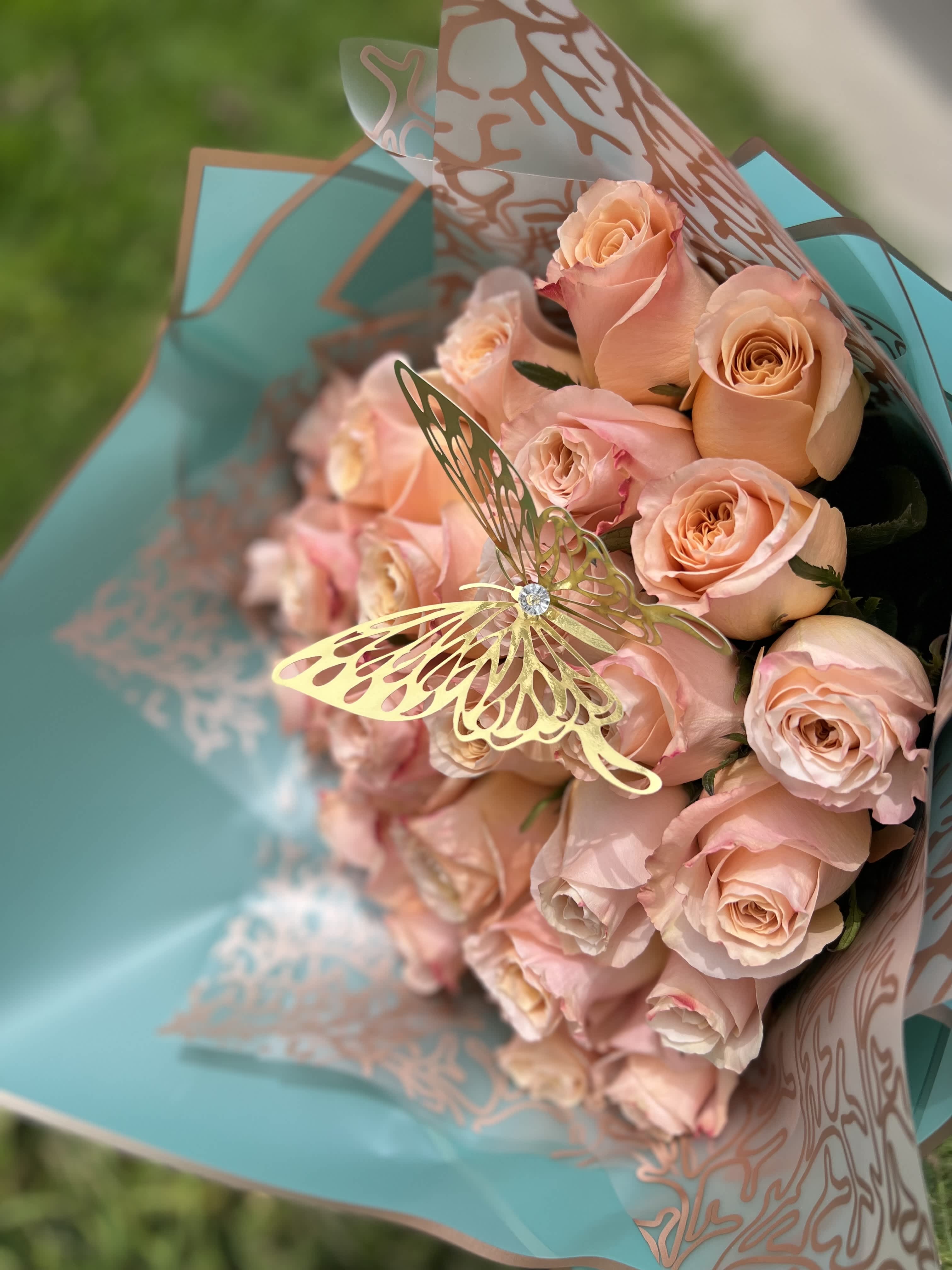 Peach Roses Bouquet - 24 Peach Roses.