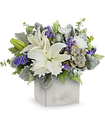 Love &amp; prayers - Sleek yet sweet! This stylish arrangement pairs a sculptural succulent with delicate blooms in Teleflora's Modern Paradise planter, a chic concrete-inspired cube, making it a thoughtful gift your friend will love. Carefully designed with succulents roses, lilies, alstroemeria carnations 