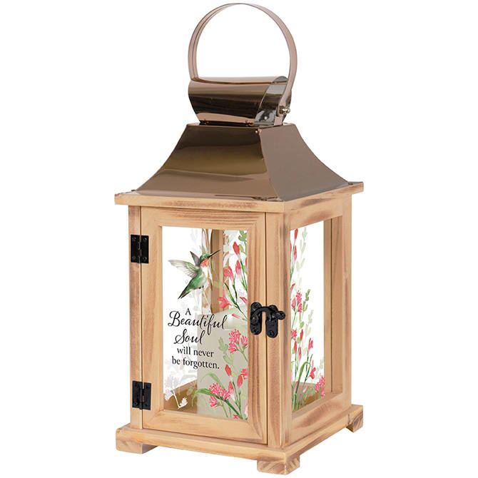 "Beautiful Soul" Lantern "Beautiful Soul" Lantern - This lantern is made from quality wood and a stainless-steel copper finish top. It features a built-in automatic timer which runs for 6 hours on and 18 hours off (3-AAA batteries are NOT included) Quote reads " A Beautiful Soul will never be Forgotten"