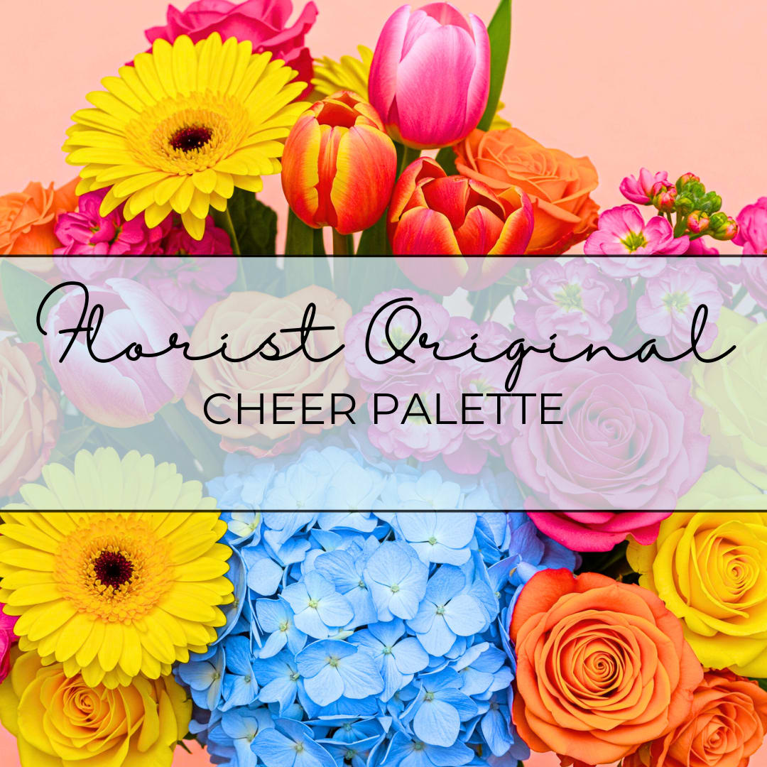 CHEER PALETTE - Introducing our radiant 'Cheer Palette' – a unique 'Florist Original' arrangement designed to capture the essence of joy, wellness, and celebration! This vibrant color story features the sunny optimism of gerbera daisies and roses, the playful energy of pink and orange tulips and roses, the soft romance of pink stock, and the calming touch of blue hydrangea.  Please note that each 'Cheer Palette' arrangement is a one of a kind &amp; unique creation, lovingly handcrafted by our skilled florists. While the images showcase the delightful mix of these featured blooms, including yellow gerbera daisies, pink and orange tulips, blue hydrangeas, pink stock flowers, and roses in yellow, bright pink, and orange, each design will vary slightly in its composition and may include other beautiful seasonal flowers within this cheerful color palette to ensure a truly unique and stunning gift.  Perfect for birthdays, thank yous, or simply to spread happiness, the 'Cheer Palette' arrangement is a guaranteed way to brighten any occasion with its fresh, vibrant hues and artistic touch.