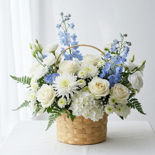 Dreamy Comfort Basket Dreamy Comfort Basket - Send a Dreamy Comfort Basket Send a truly comforting and beautiful gift with our Dreamy Comfort Basket, a premium fluffy white and blue floral arrangement. Perfect for moments requiring a tender touch, or simply to bring a sense of peace to someone's day, this abundant arrangement is a heartfelt gesture. Presented in a charming light brown basket, this design features soaring blue delphinium, soft white hydrangeas, lush white focal chrysanthemums, delicate white lisianthus, and verdant green ferns. The combination creates an ethereal, cloud-like appearance that's both serene and visually captivating. Let us help you send a calming and beautiful message. Order the Dreamy Comfort Basket today and provide a moment of peaceful reflection.