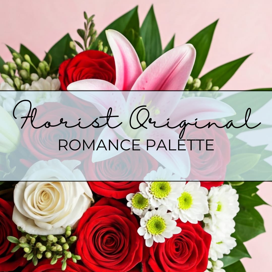 ROMANCE PALETTE  - Let us design a one of a kind bouquet for your love. Expertly arranged by SWFL’s top rated florist! Send your love with our Florist Original palette.   Standard 6+ Roses plus flowers in red and white Deluxe 12+ Roses plus flowers in red and white Premium 18+ Roses plus flowers in red and white