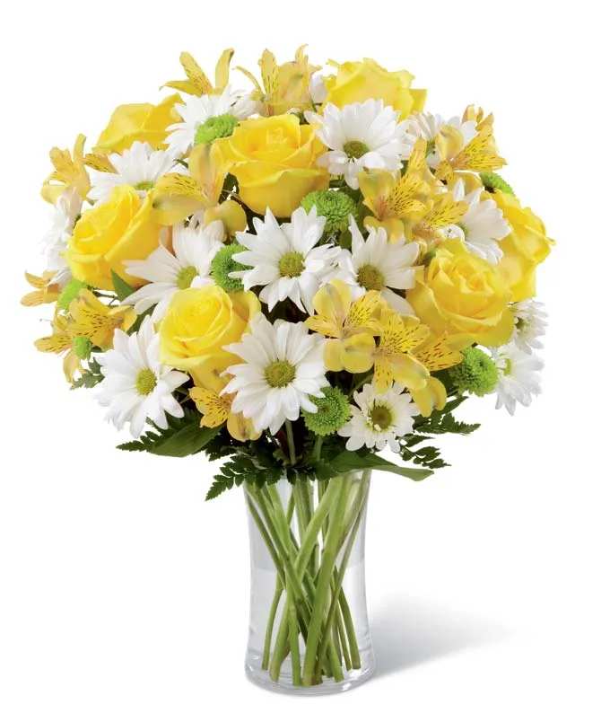 Ray of sunshine Ray of sunshine - The perfect arrangement to brighten someone's day. The mix of yellow and white make for the perfect splash of color. The daisies are sure to last for weeks and compliment the vibrant yellow roses and alstroemeria. The perfect everyday gift.
