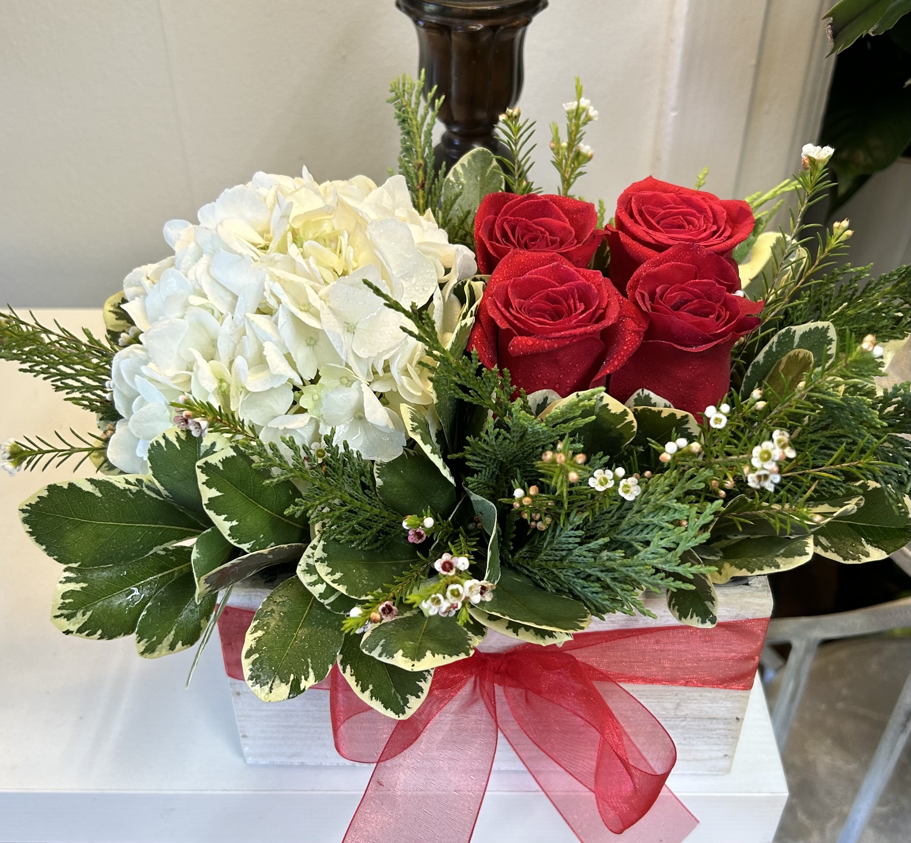Red rose love bouquet Red rose love bouquet - 4 Red roses and white hydrangeas, and rectangular wooden box with premium greenery