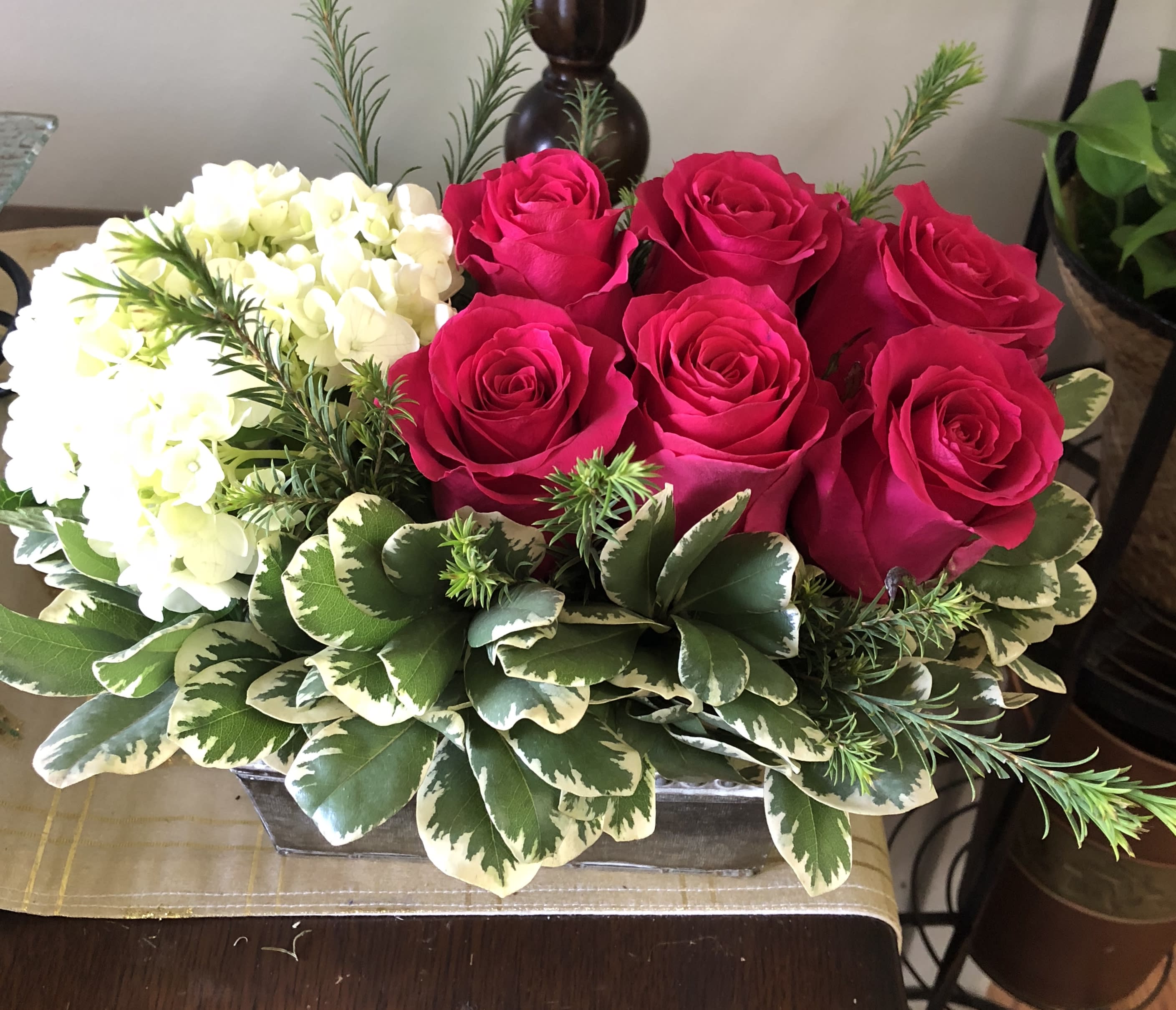 Hot Pink Roses Hydrangea Box Hot Pink Roses Hydrangea Box - 6 Hot Pink Roses with White Hydrangea in a wooden box **Deluxe choice gives 12 Roses