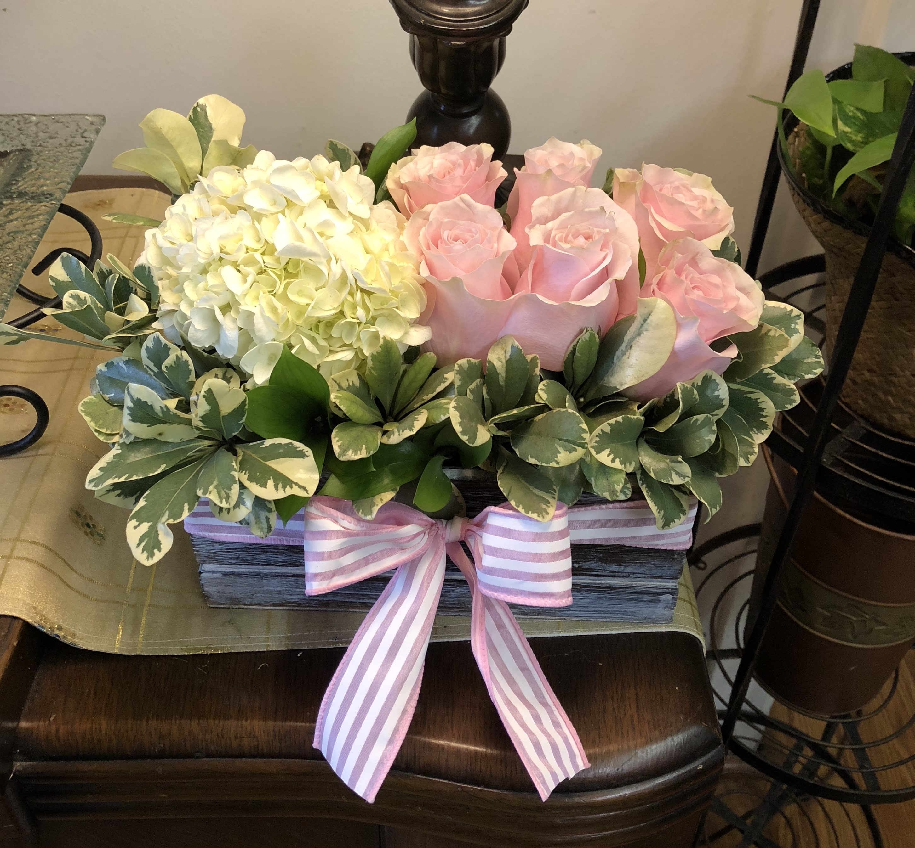 Pink Rose and Hydrangea Box Pink Rose and Hydrangea Box - 6- pink roses with white Hydrangea in a wooden box **Deluxe Choice upgrades to 12 Roses